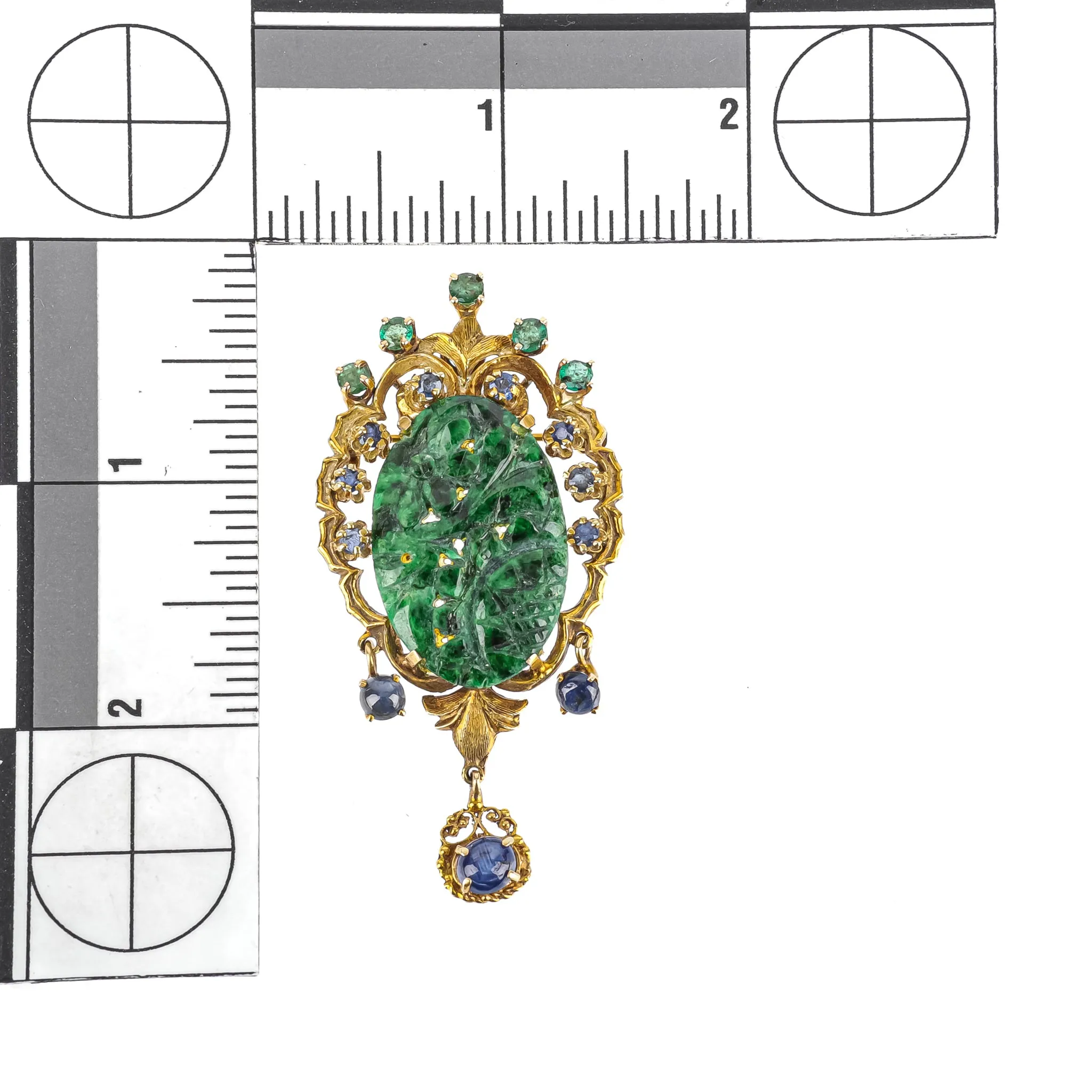 14K Yellow Gold Carved Jade Sapphire Emerald Drop Brooch
