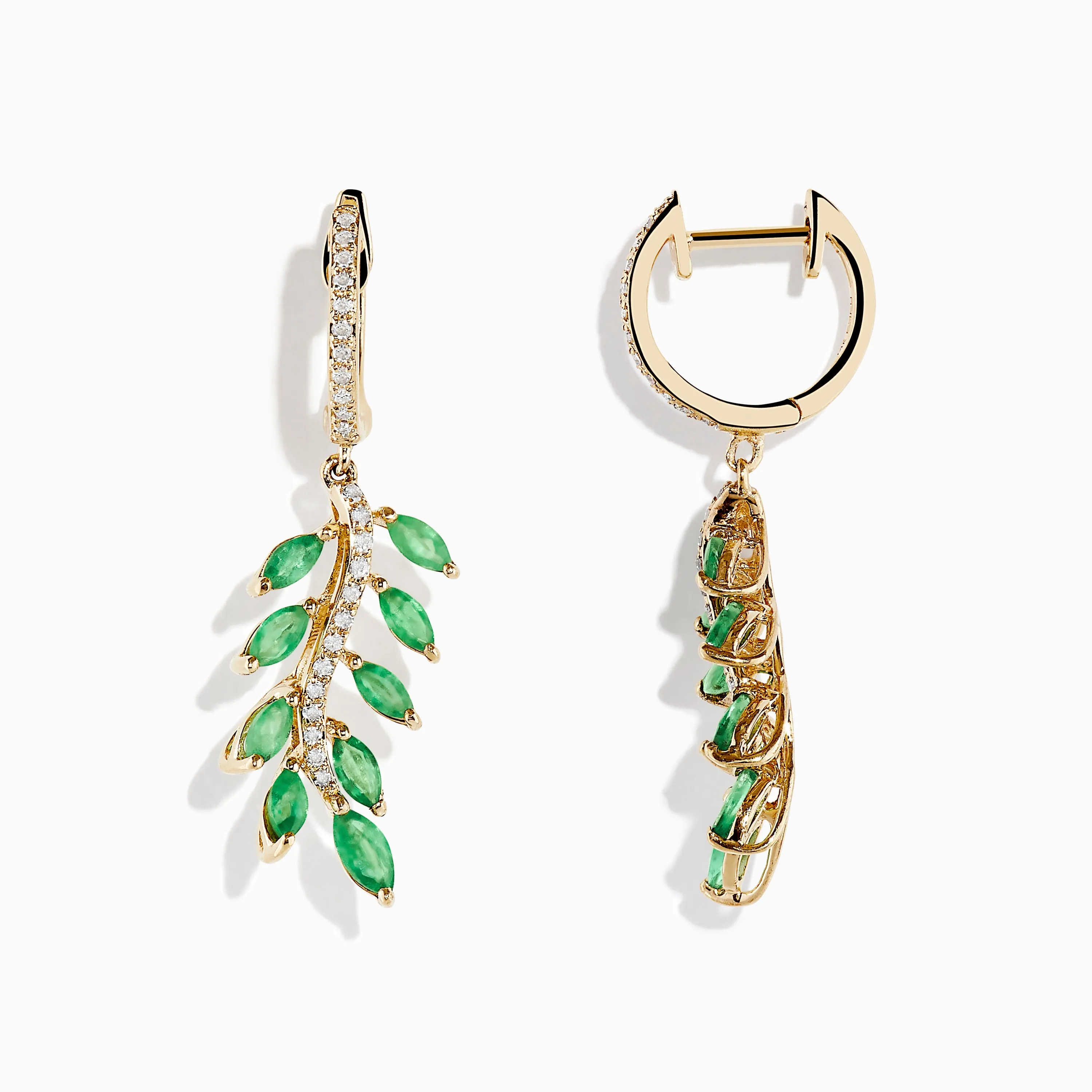 14K Yellow Gold Emerald and Diamond Leaf Earrings
