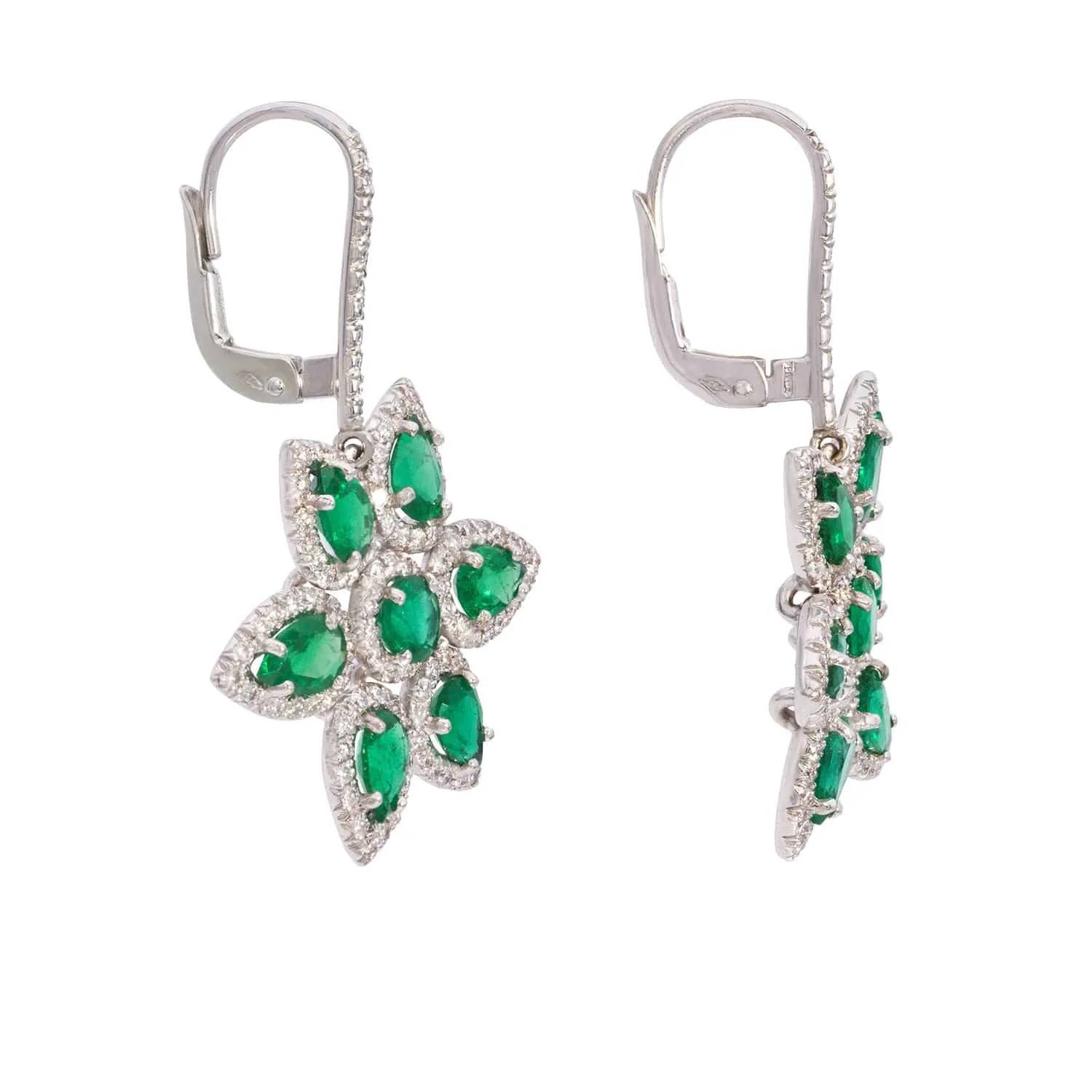 18K White Gold Emerald and Diamond Flower Earrings