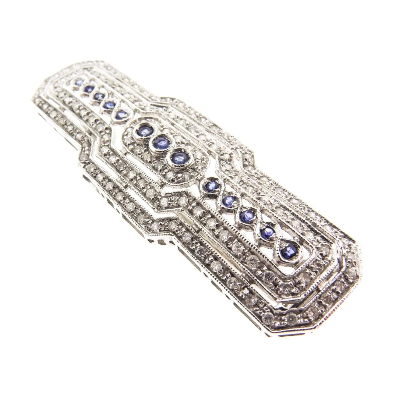 18K White Gold Sapphire & Diamond Bar Brooch
