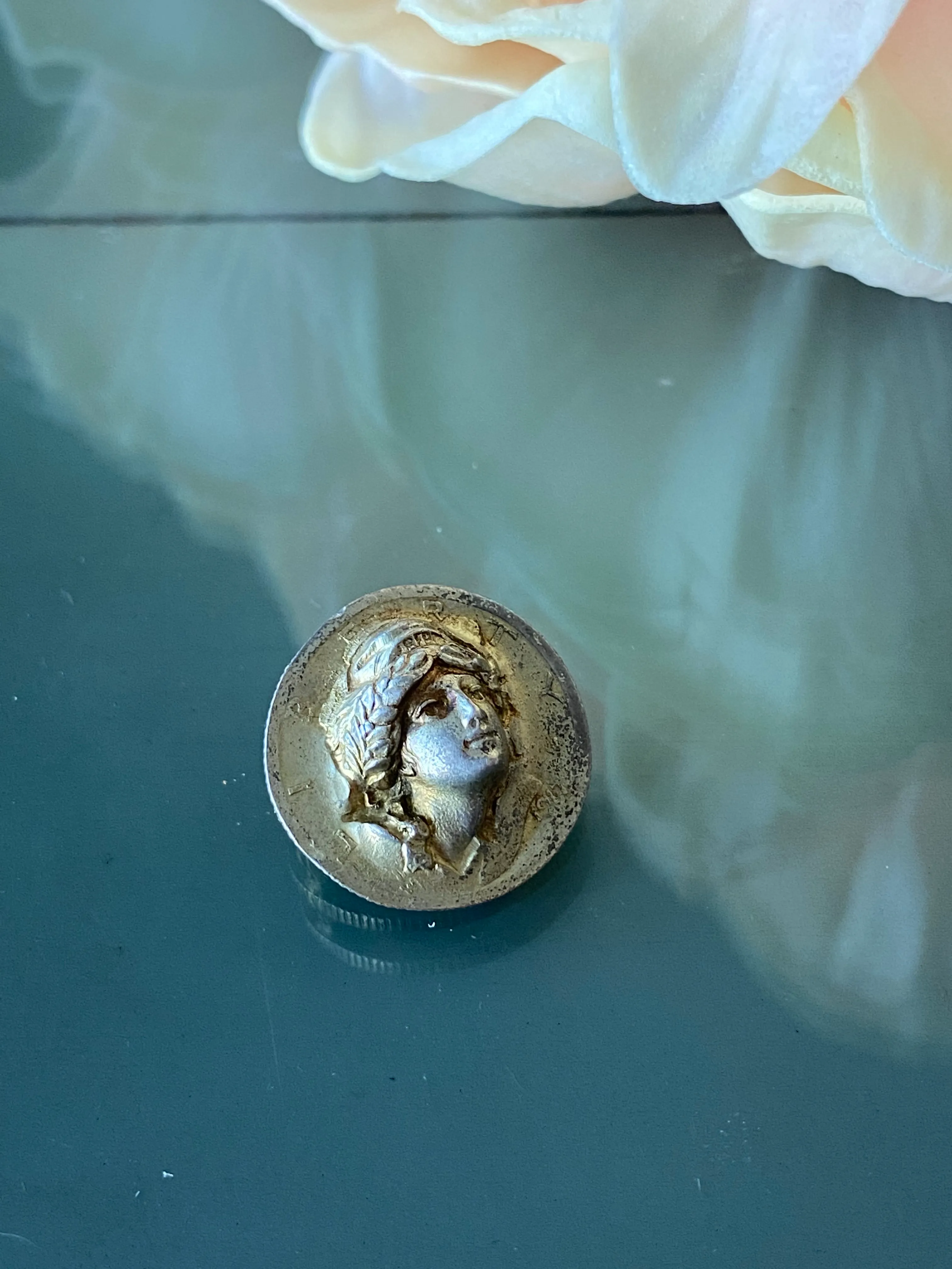 1917 Silver Dime Repoussé Lady Liberty Brooch Pin w/ Gold Wash