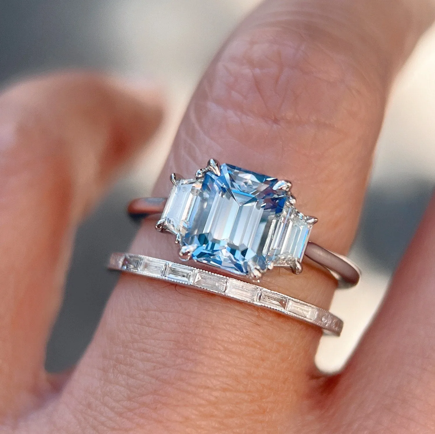 2.13ct Emerald Cut Sapphire Trinity Ring