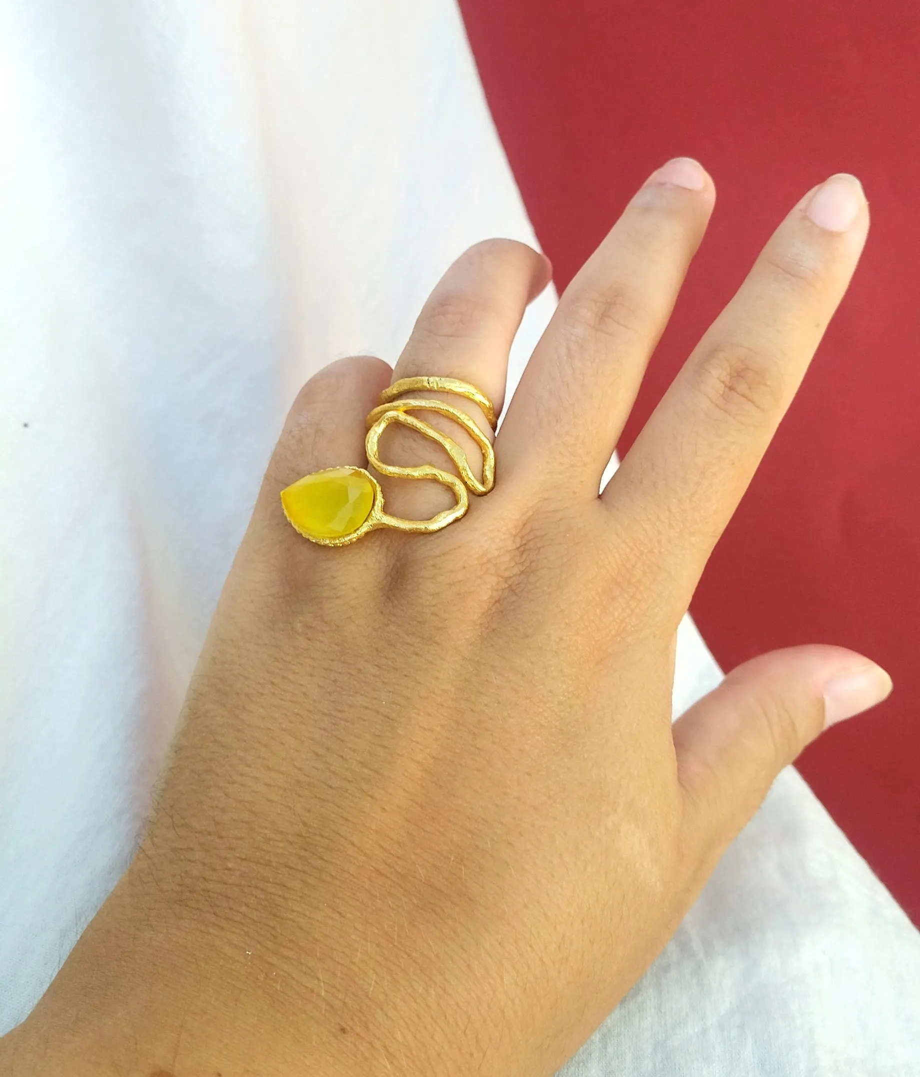 24k Gold Wrap Ring, Yellow Quartz Adjustable Statement Ring