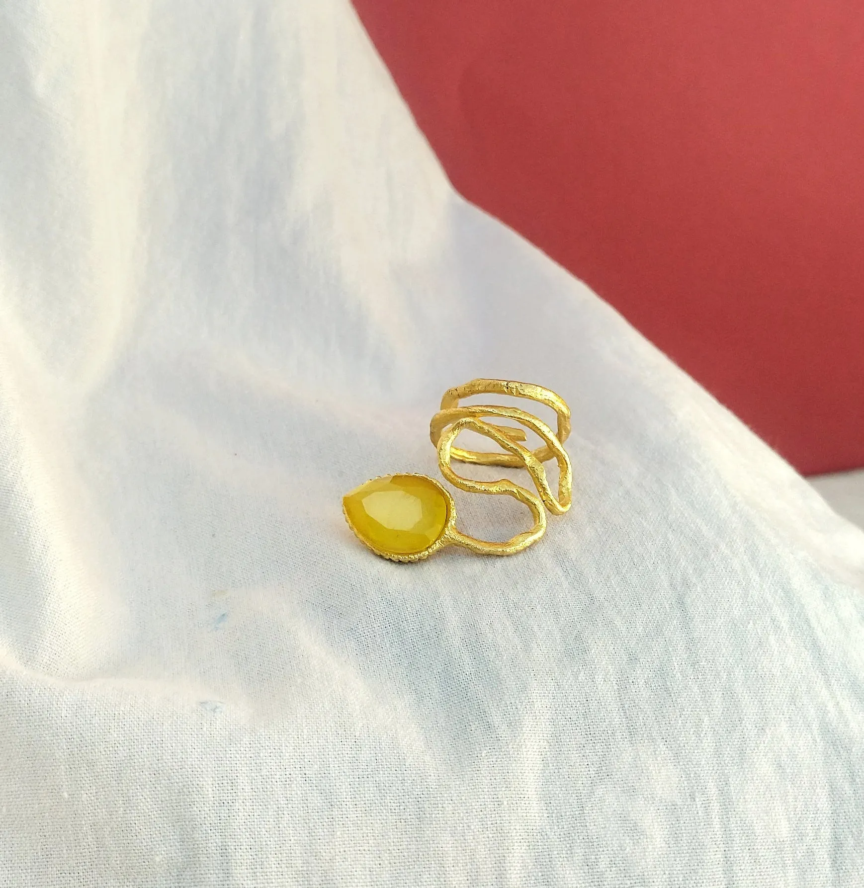 24k Gold Wrap Ring, Yellow Quartz Adjustable Statement Ring