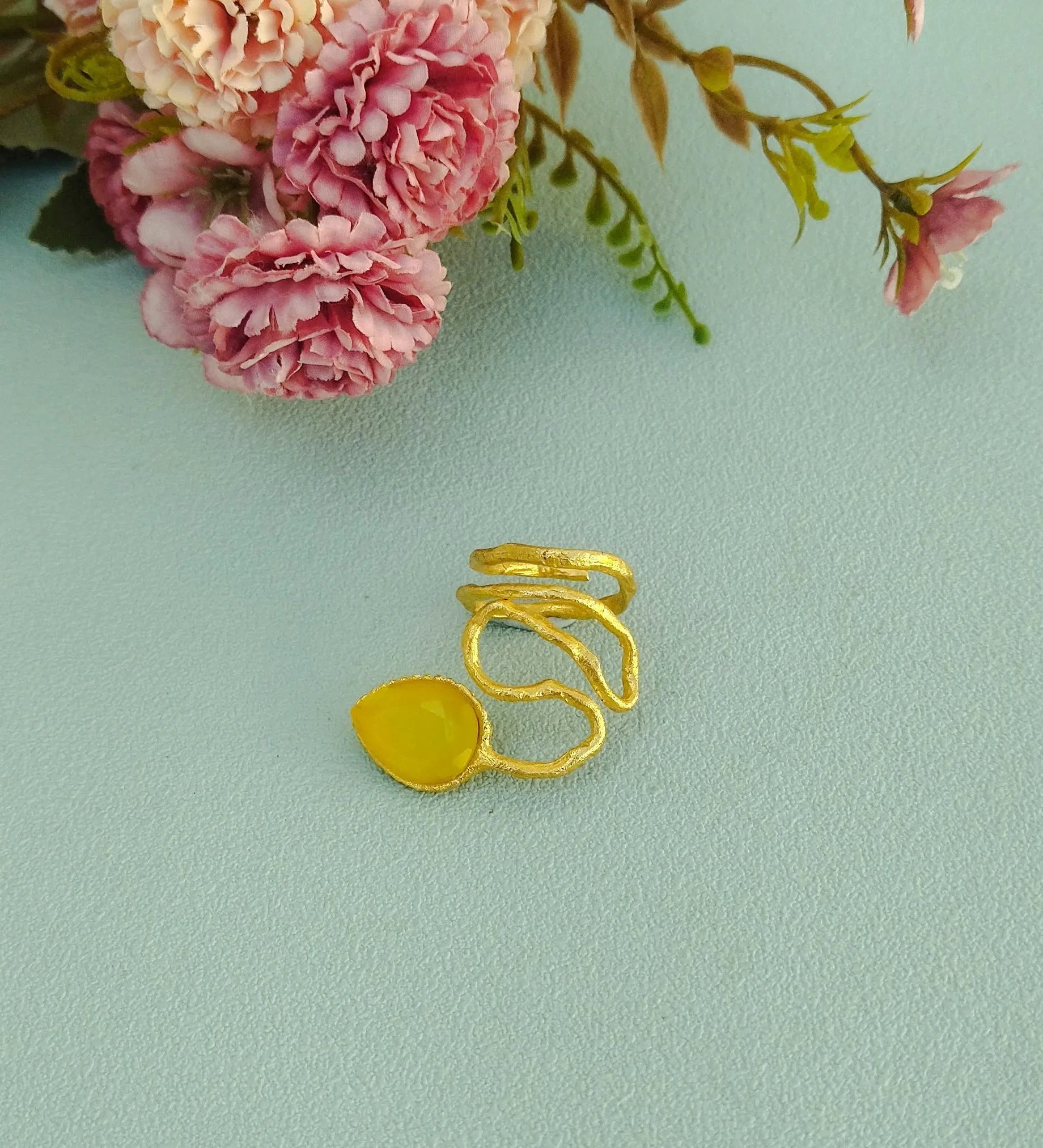 24k Gold Wrap Ring, Yellow Quartz Adjustable Statement Ring