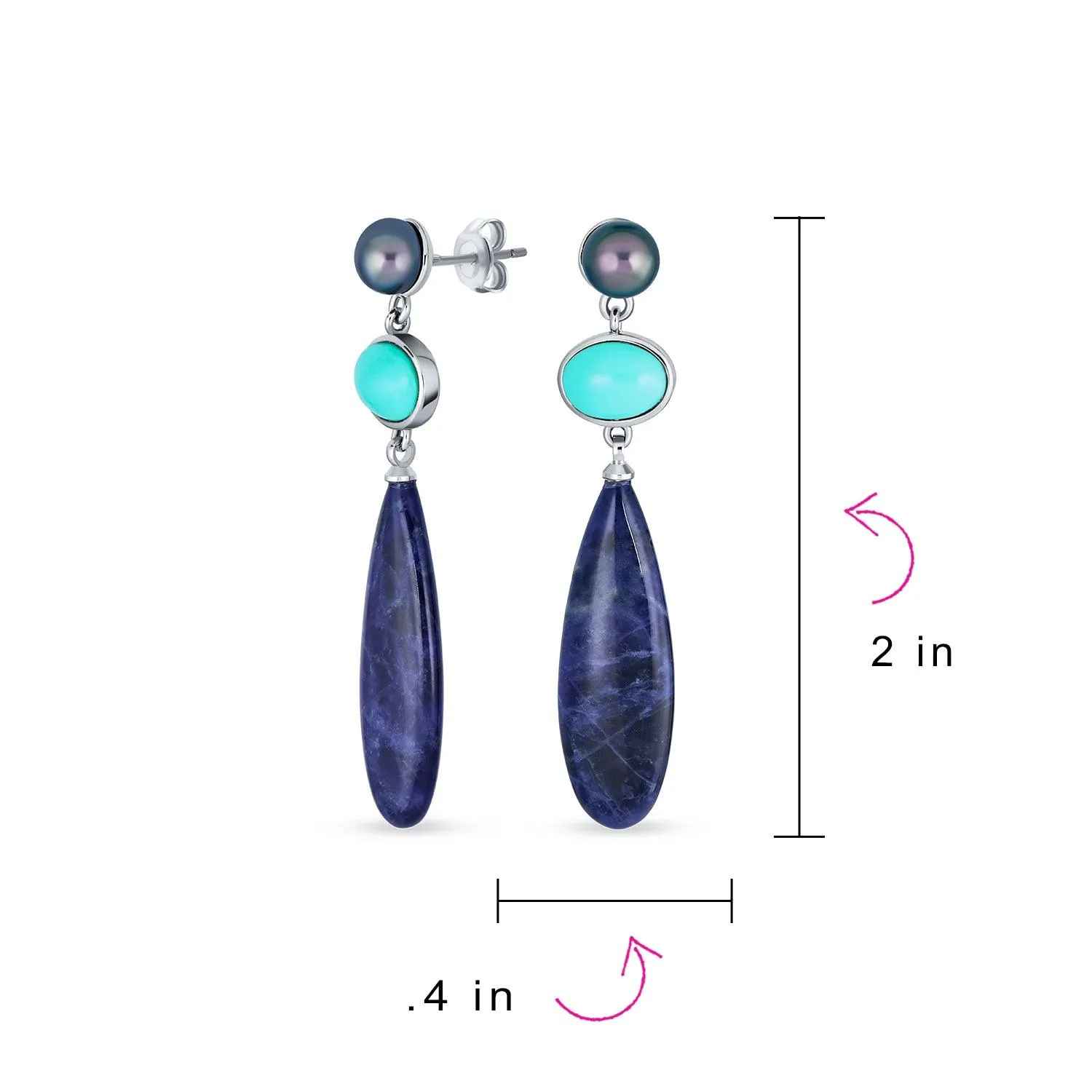 3 Tier Gemstone Dangle Navy Blue Long Teardrop Earrings Silver Plated