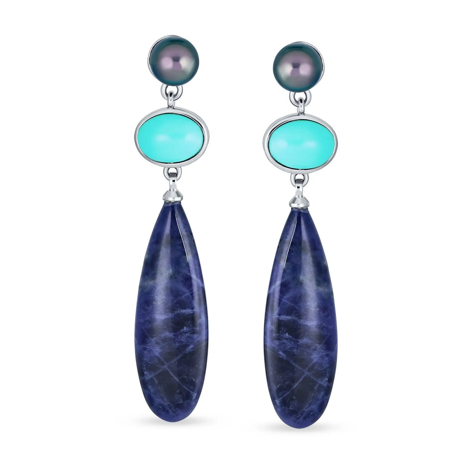 3 Tier Gemstone Dangle Navy Blue Long Teardrop Earrings Silver Plated