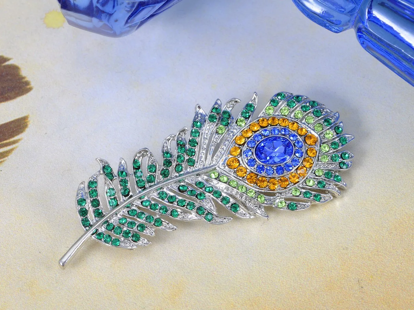 Alilang Clear Green Phoenix Peacock Bird Feather Brooch Pin Crystal Rhinestone Broches Broaches