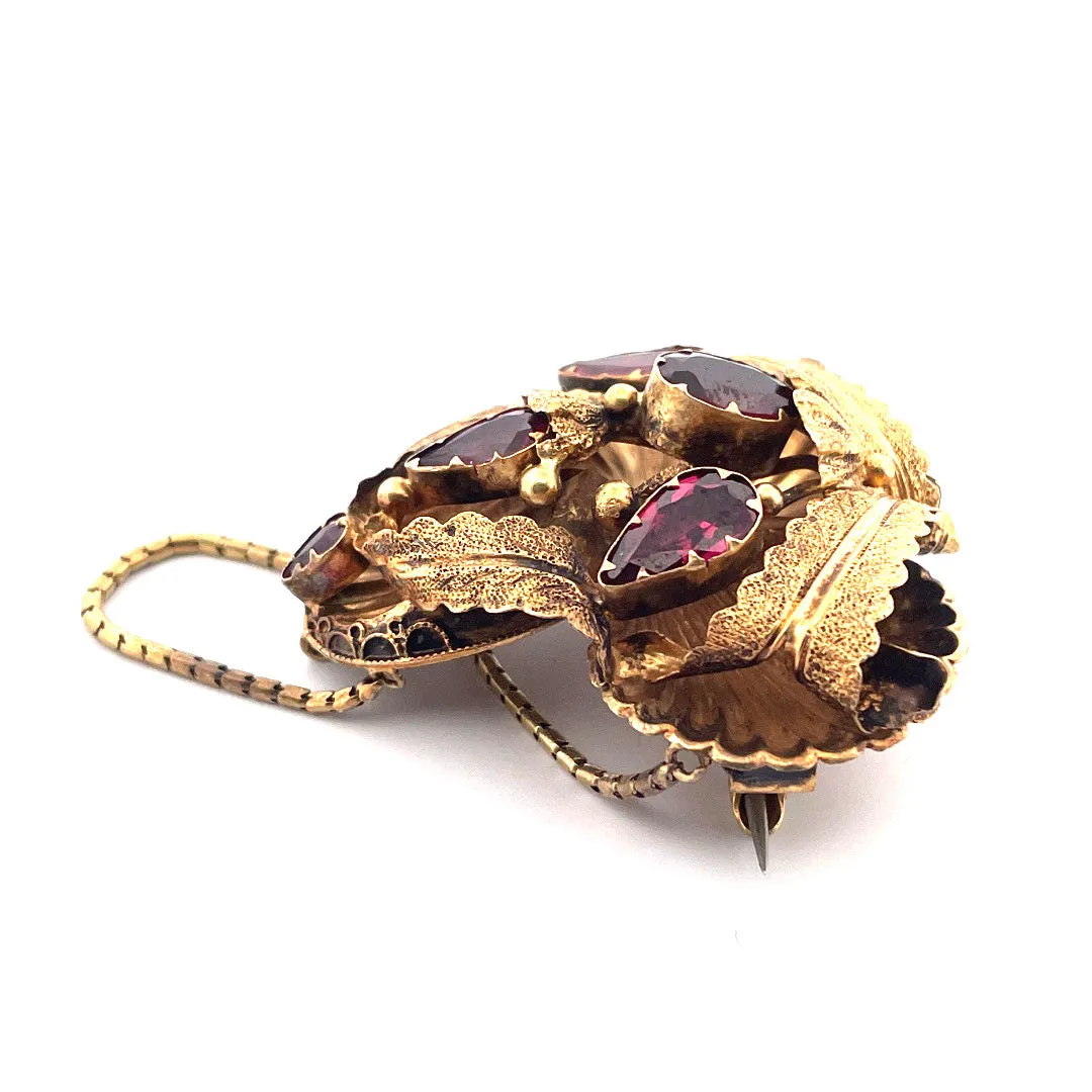 Antique 14k Yellow Gold Georgian Leaves Brooch with Garnet