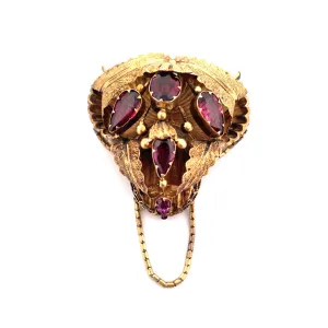 Antique 14k Yellow Gold Georgian Leaves Brooch with Garnet