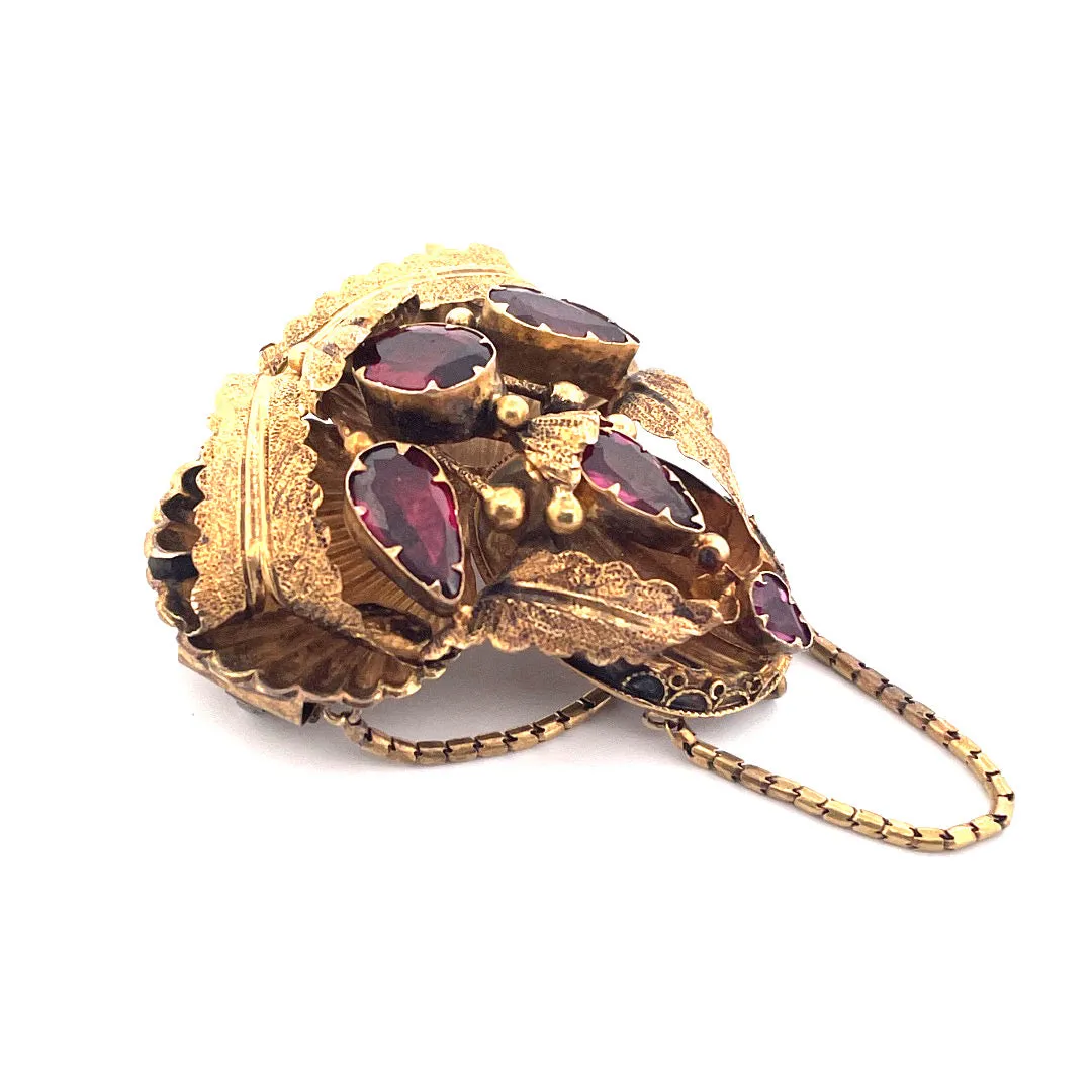 Antique 14k Yellow Gold Georgian Leaves Brooch with Garnet