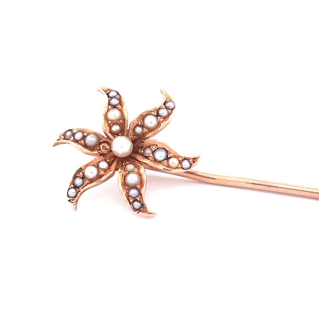 Antique 14k Yellow Gold Seed Pearl Flower Pin