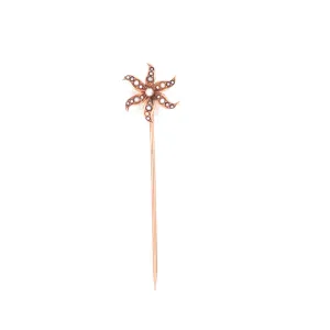 Antique 14k Yellow Gold Seed Pearl Flower Pin