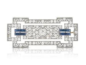 Antique Art Deco 1920s 3.20 Carat Diamond Brooch with Sapphires