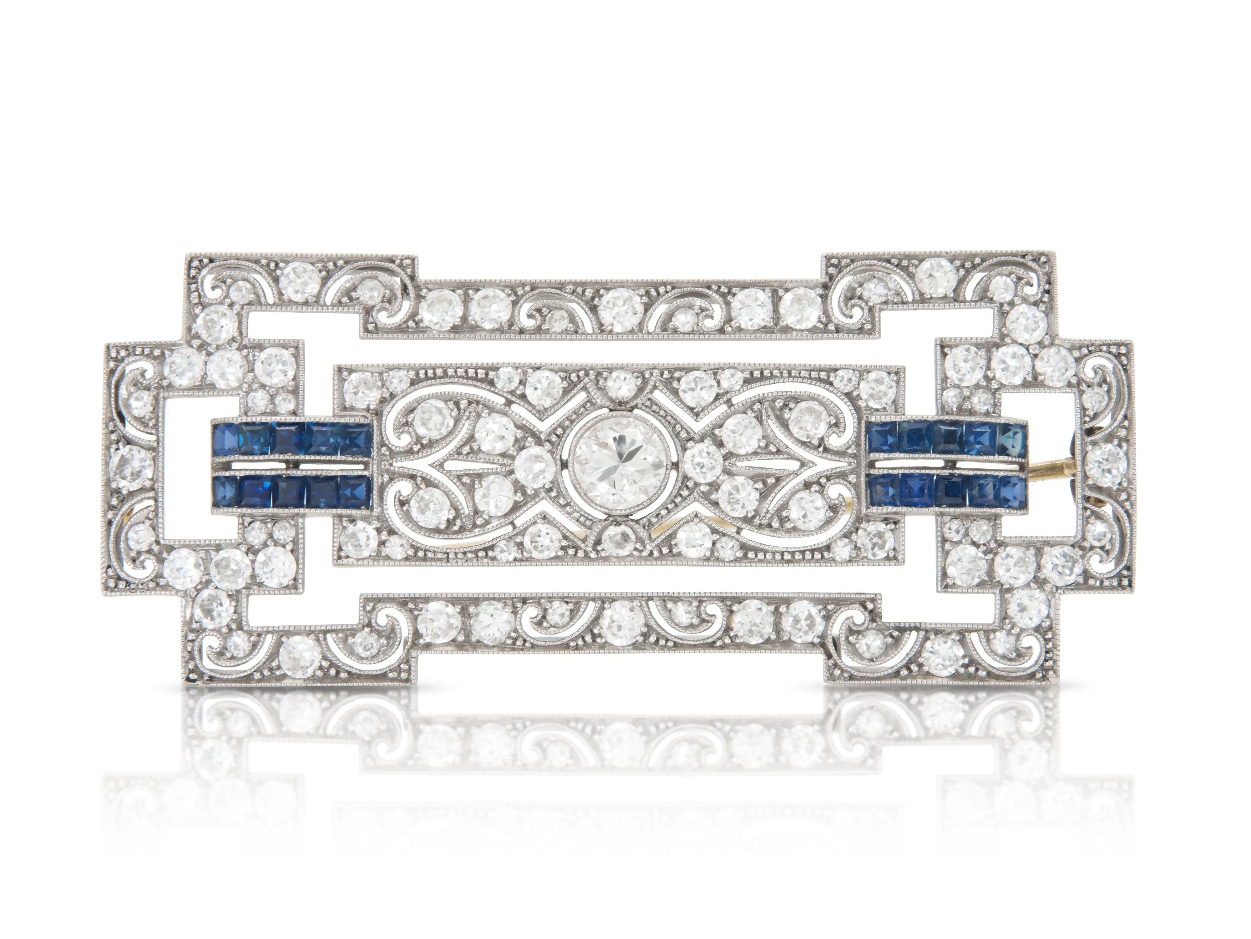 Antique Art Deco 1920s 3.20 Carat Diamond Brooch with Sapphires