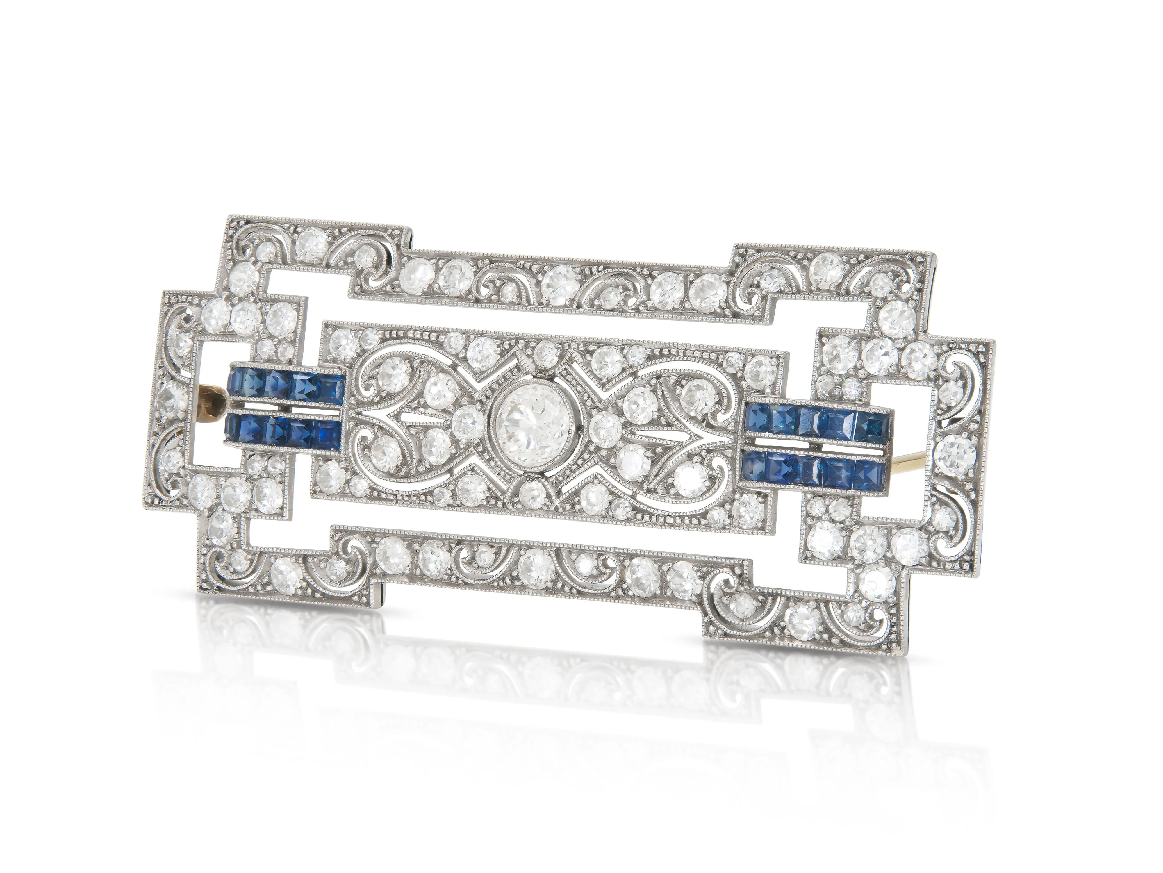 Antique Art Deco 1920s 3.20 Carat Diamond Brooch with Sapphires