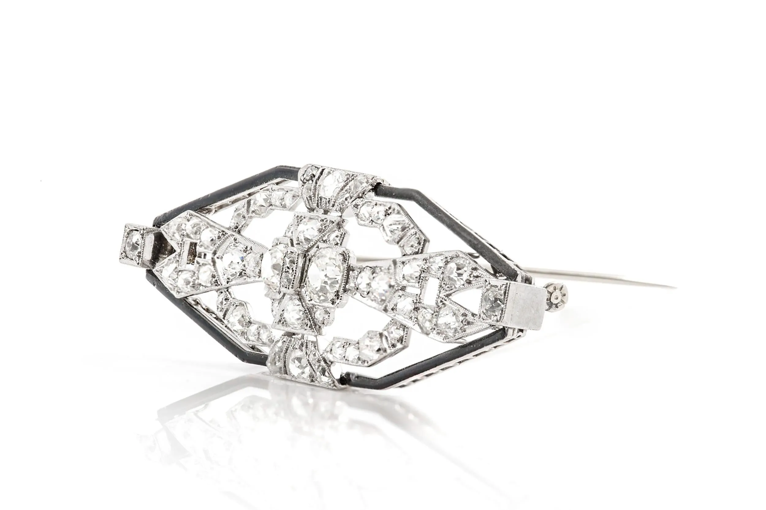 Antique Art Deco 1930s 7.50 Carat Diamond & Onyx Brooch