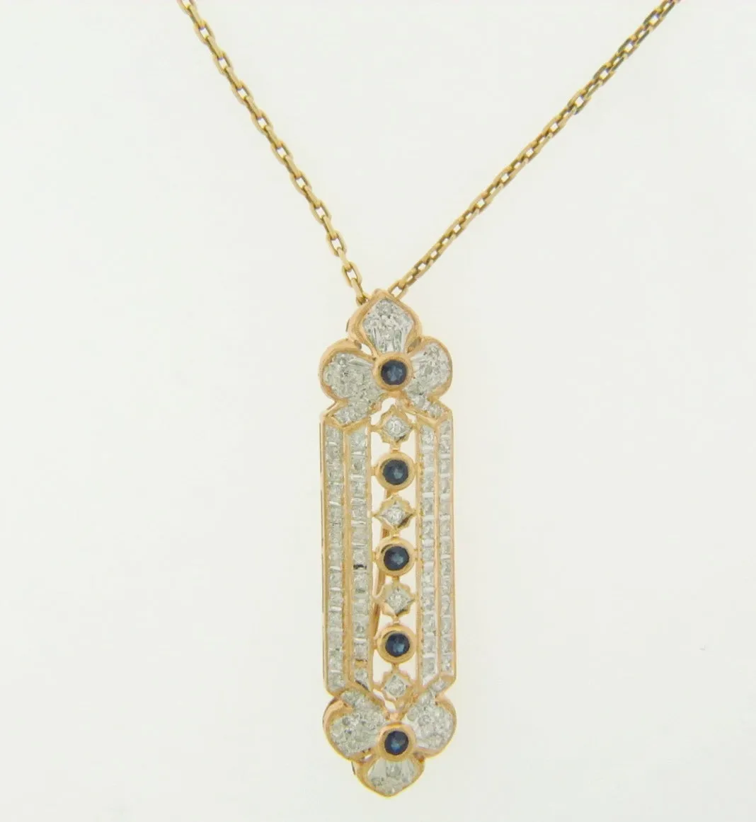 Art Deco, 14K Yellow and White Gold, Diamond and Sapphire Brooch / Pendant