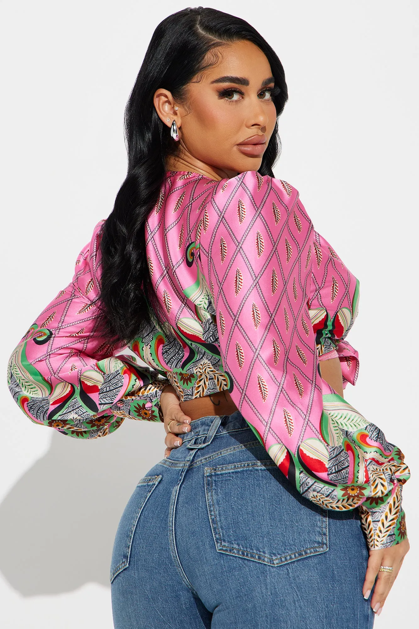 Art Deco Blouse Top - Pink/combo