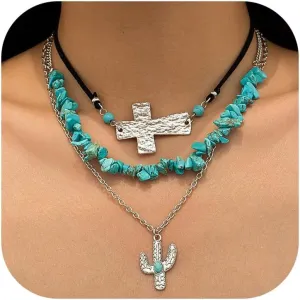 CSIYANJRY99 Layered Western Necklaces for Women Vintage Turquoise Beaded Western Jewelry for Women Ox-head Cactus Cross Chain Necklaces Country Concert Cowgirl Dresses Accessories