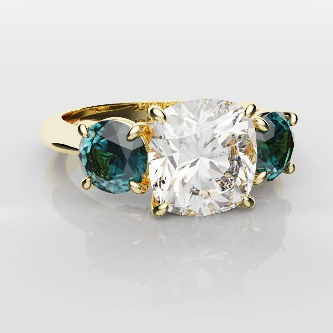 Cushion Cut Diamond Trilogy with Teal Sapphires