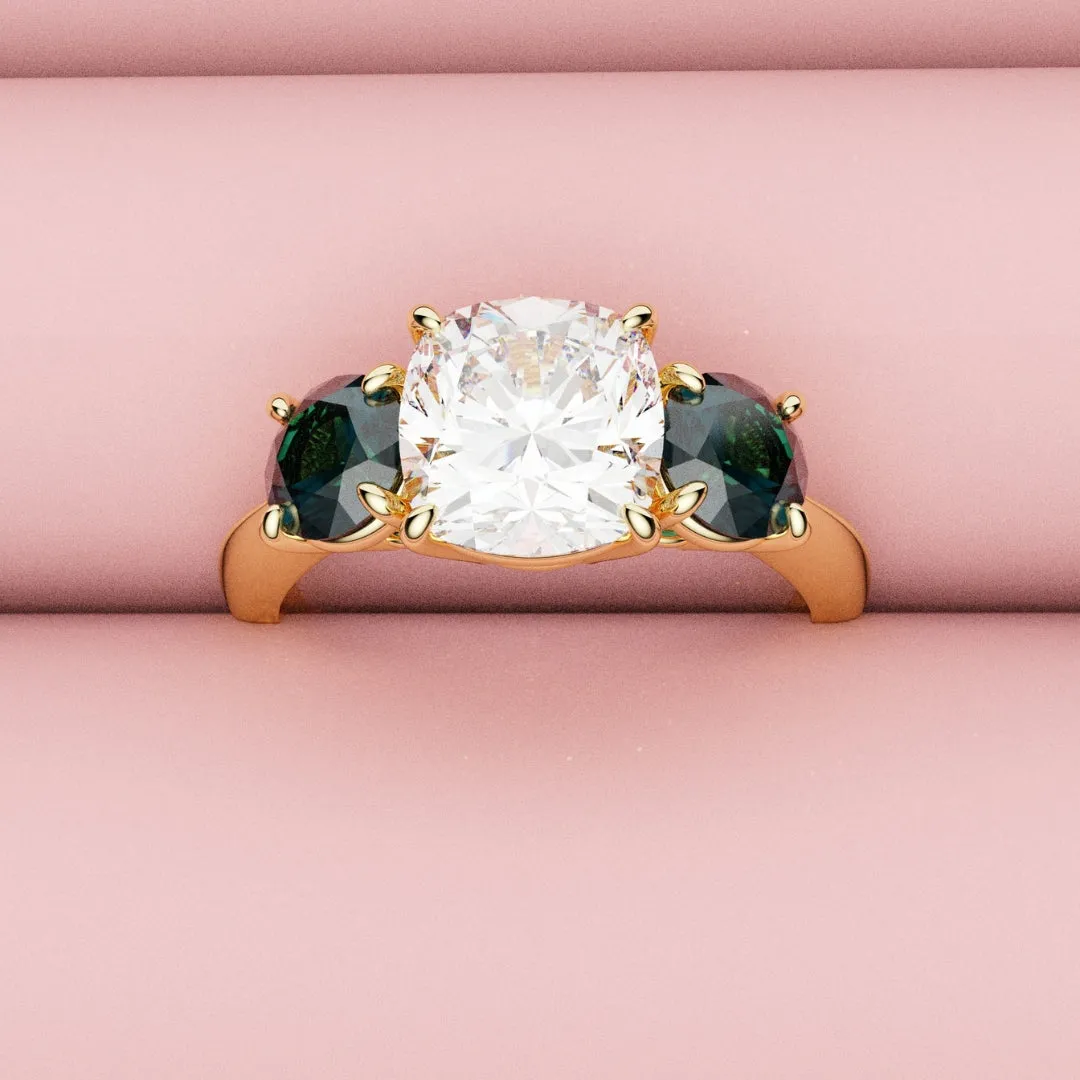 Cushion Cut Diamond Trilogy with Teal Sapphires