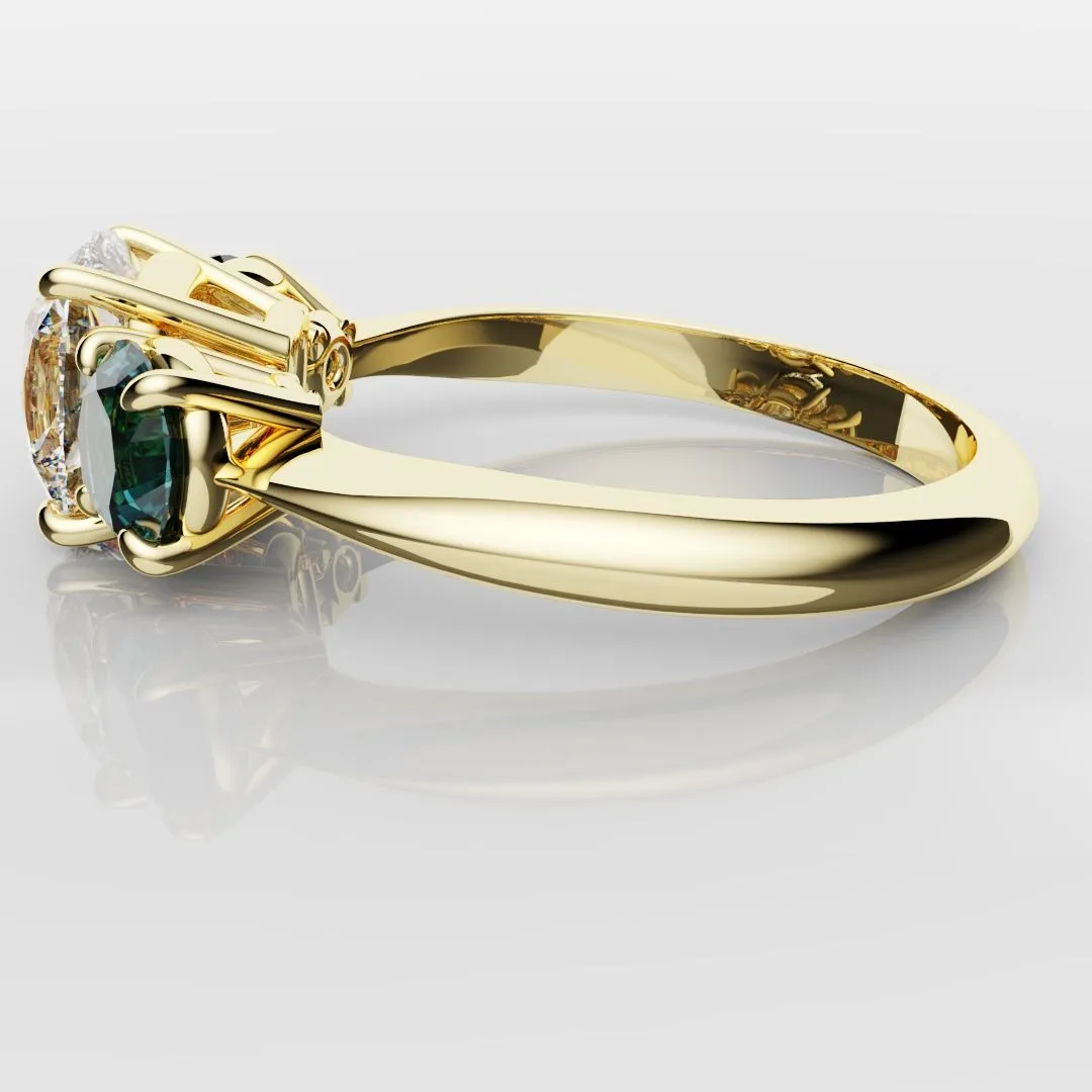Cushion Cut Diamond Trilogy with Teal Sapphires