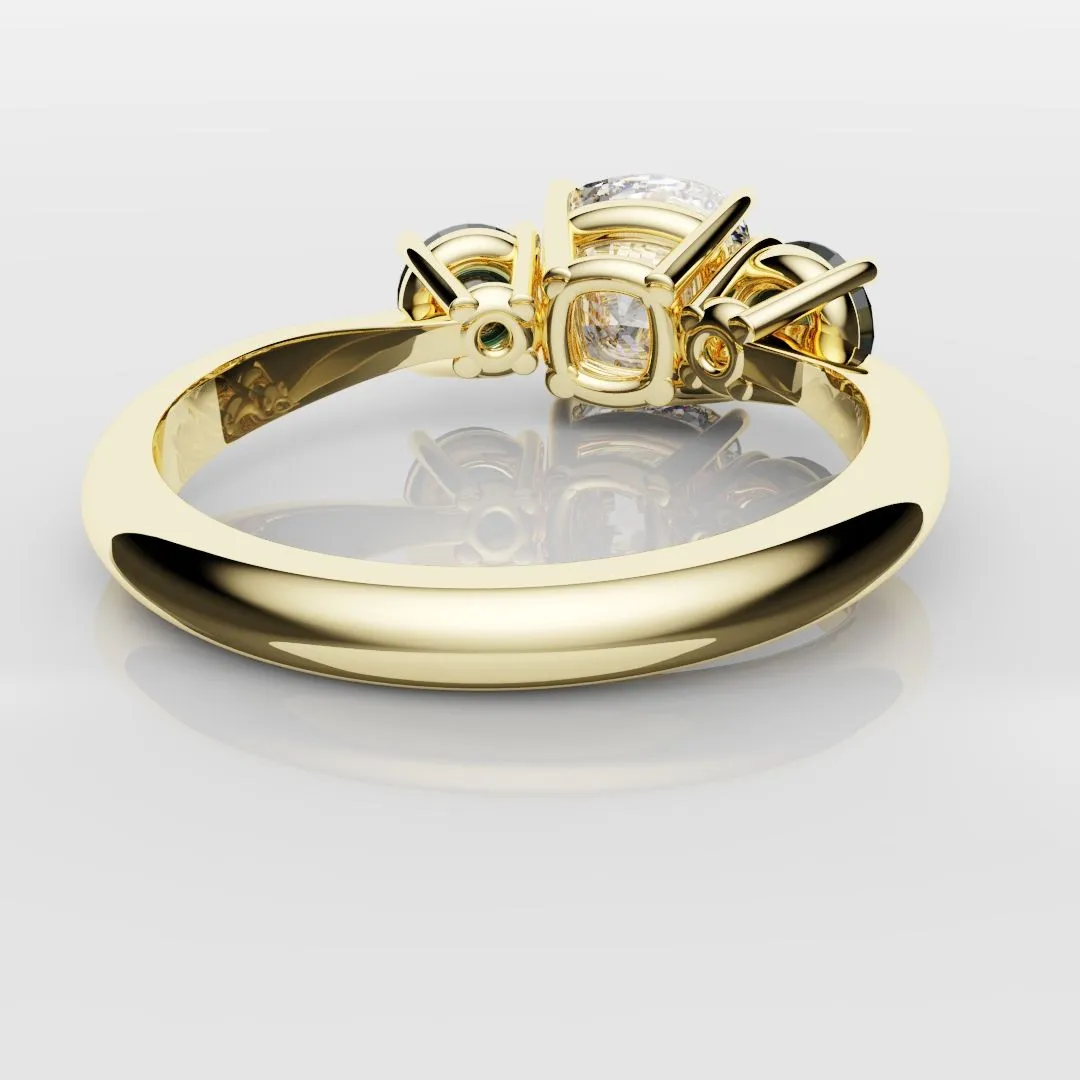 Cushion Cut Diamond Trilogy with Teal Sapphires
