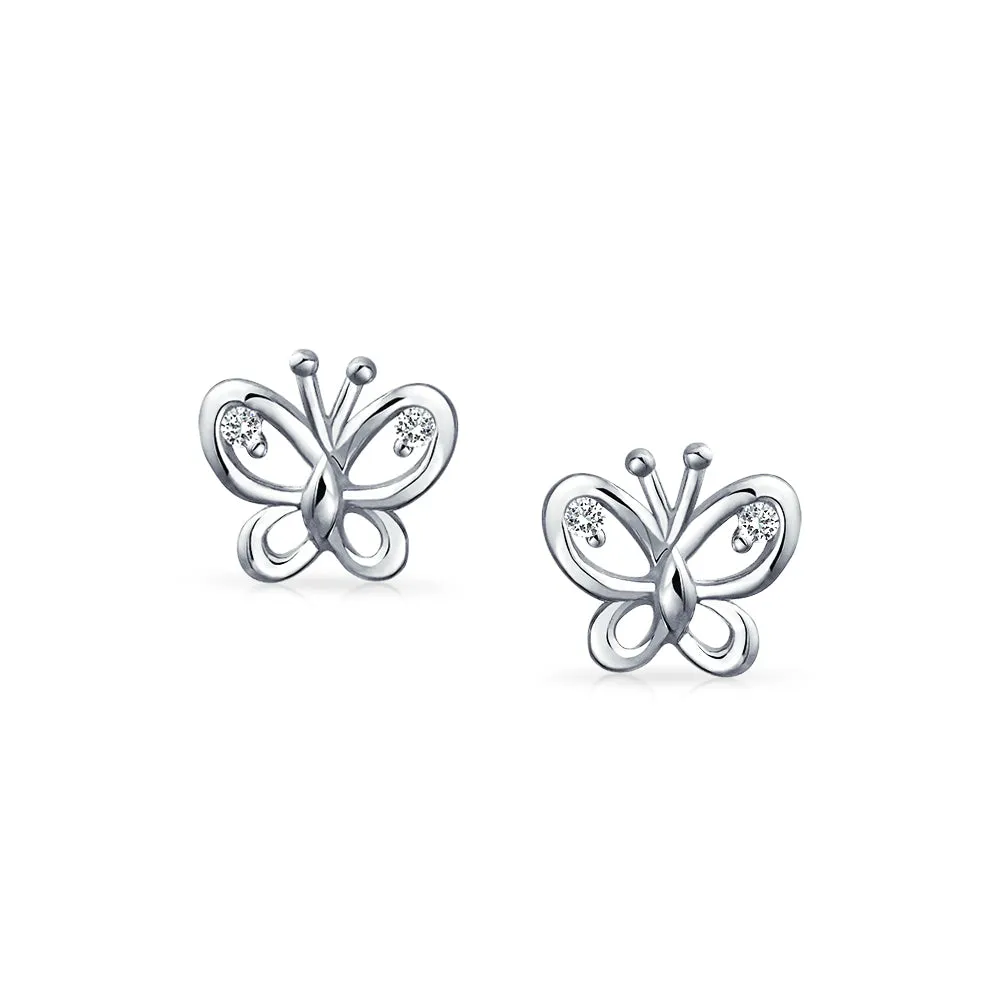 Delicate CZ Stud Earrings with Butterfly Design in Sterling Silver