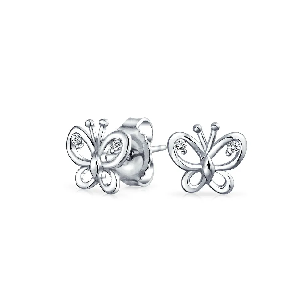 Delicate CZ Stud Earrings with Butterfly Design in Sterling Silver