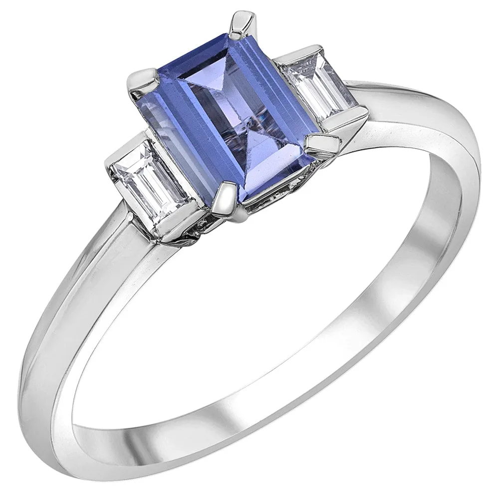 Emerald Cut Tanzanite Ring With Baguette Diamond Accents