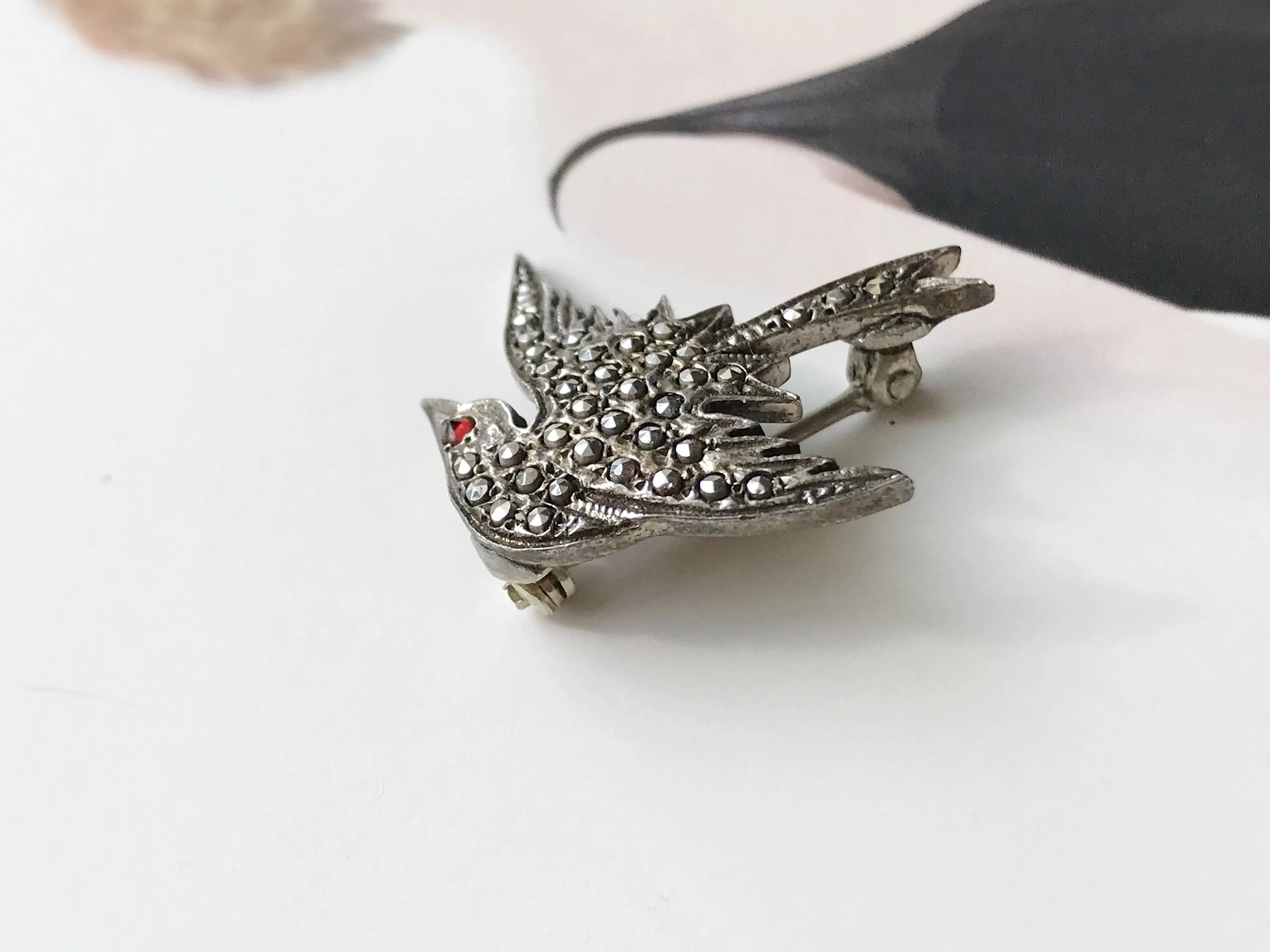 Flying Swallow Bird Pin with Marcasite and Red Eye