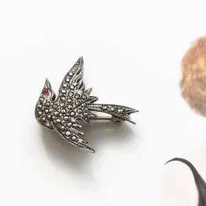 Flying Swallow Bird Pin with Marcasite and Red Eye