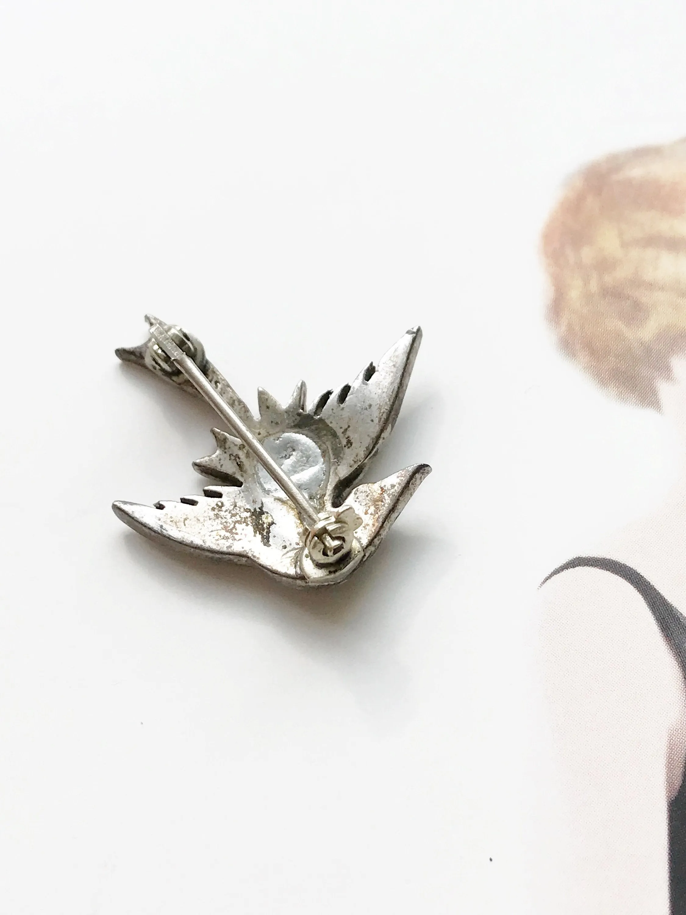 Flying Swallow Bird Pin with Marcasite and Red Eye