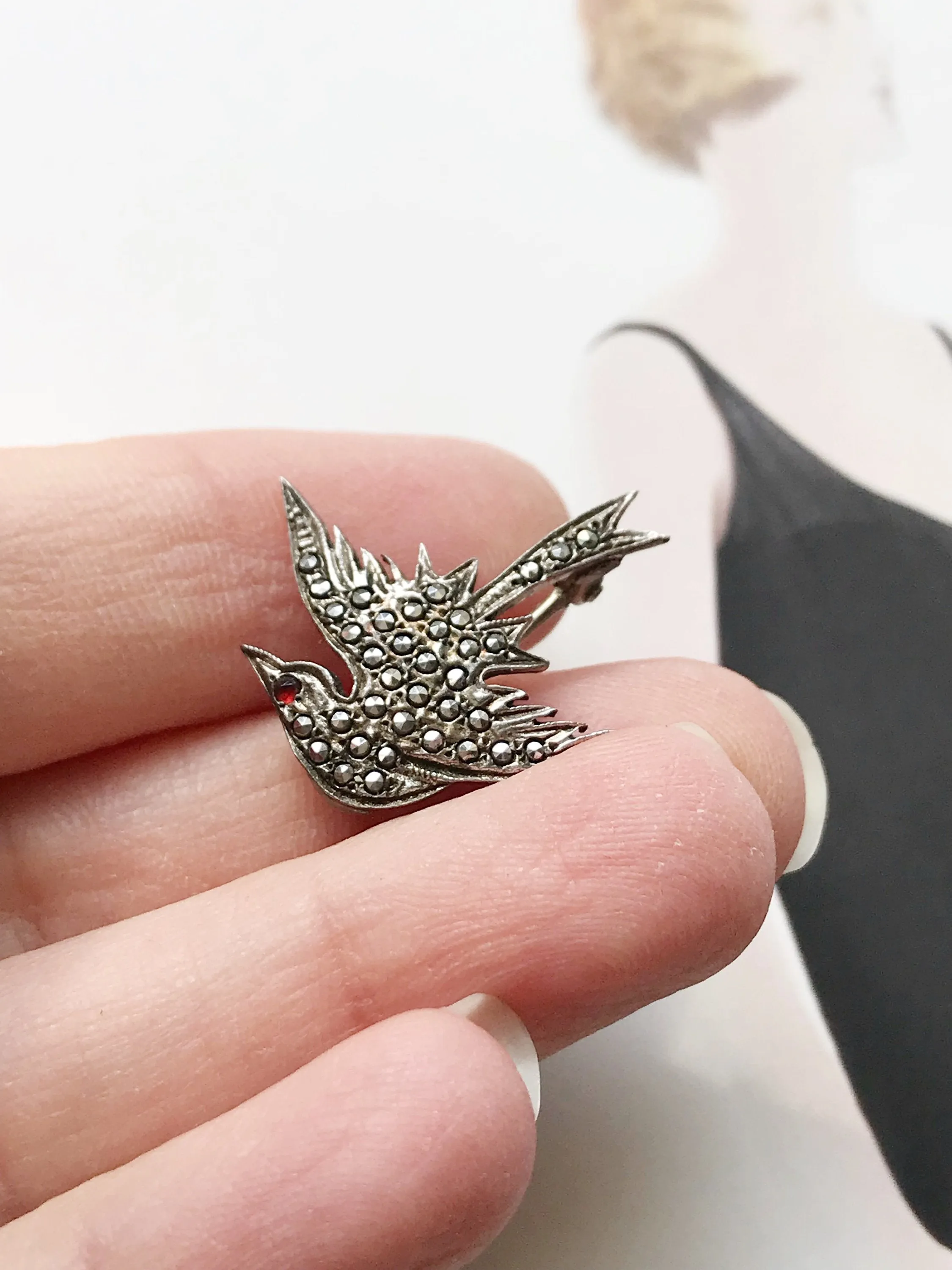 Flying Swallow Bird Pin with Marcasite and Red Eye