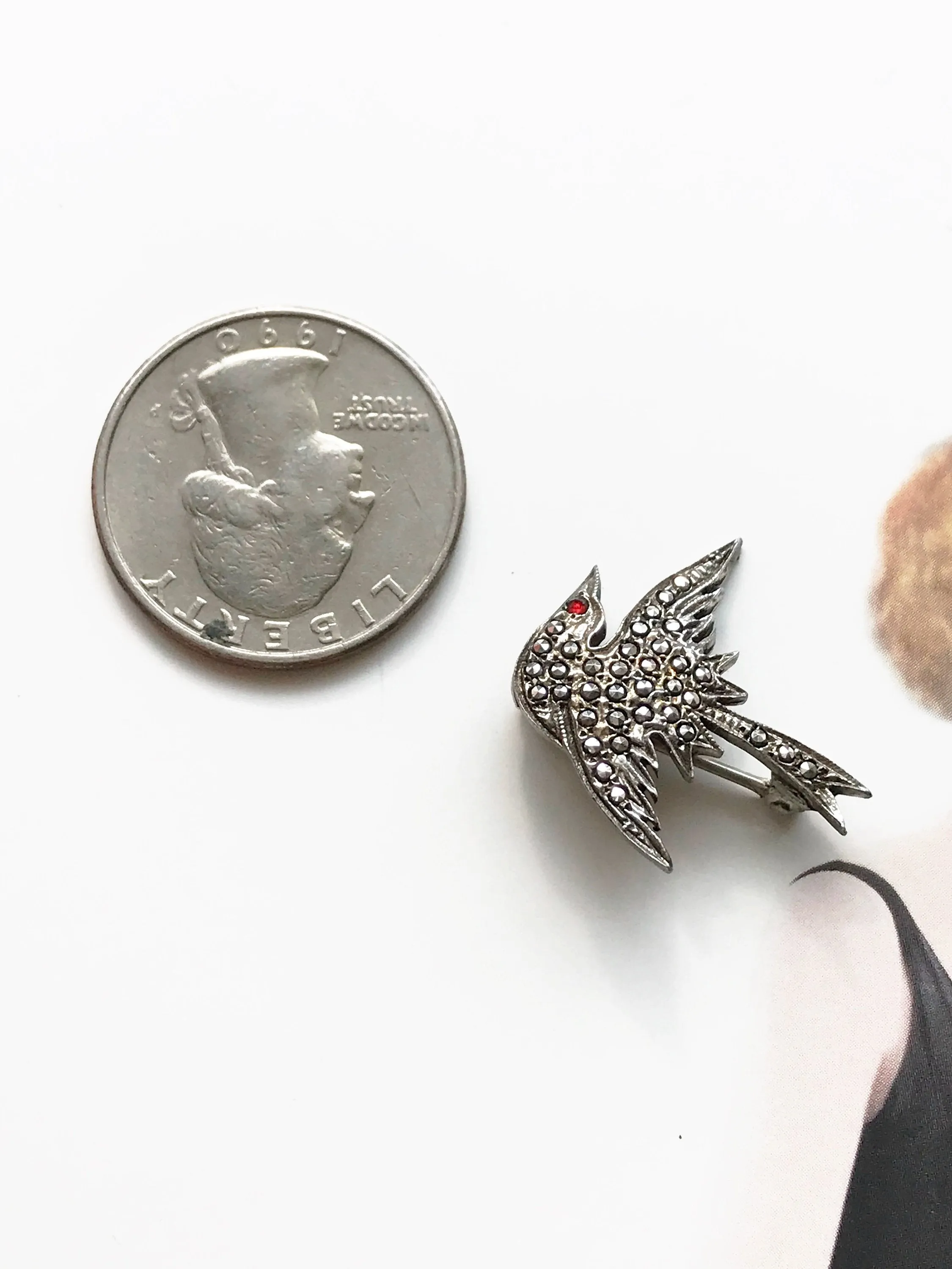 Flying Swallow Bird Pin with Marcasite and Red Eye
