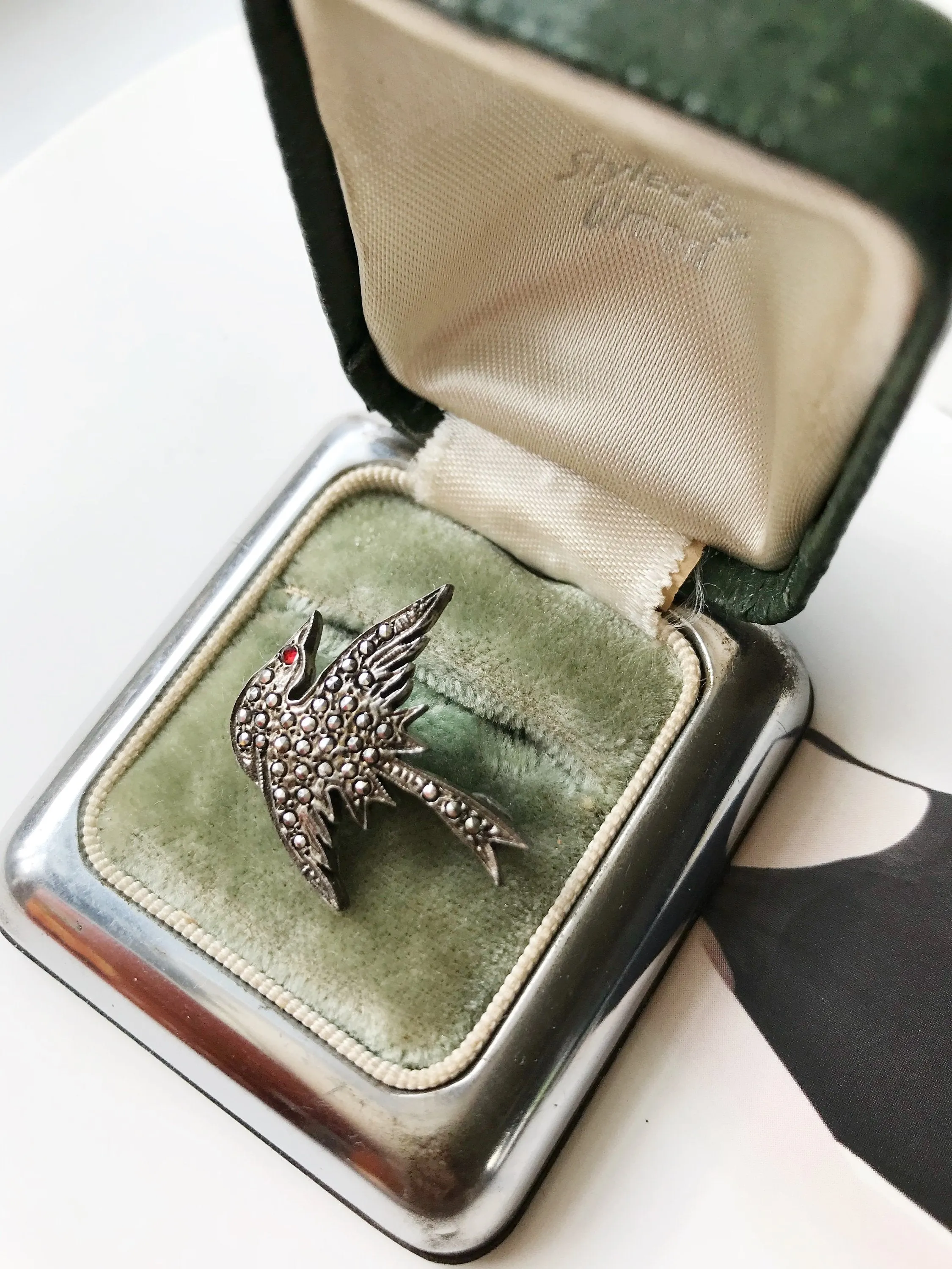 Flying Swallow Bird Pin with Marcasite and Red Eye