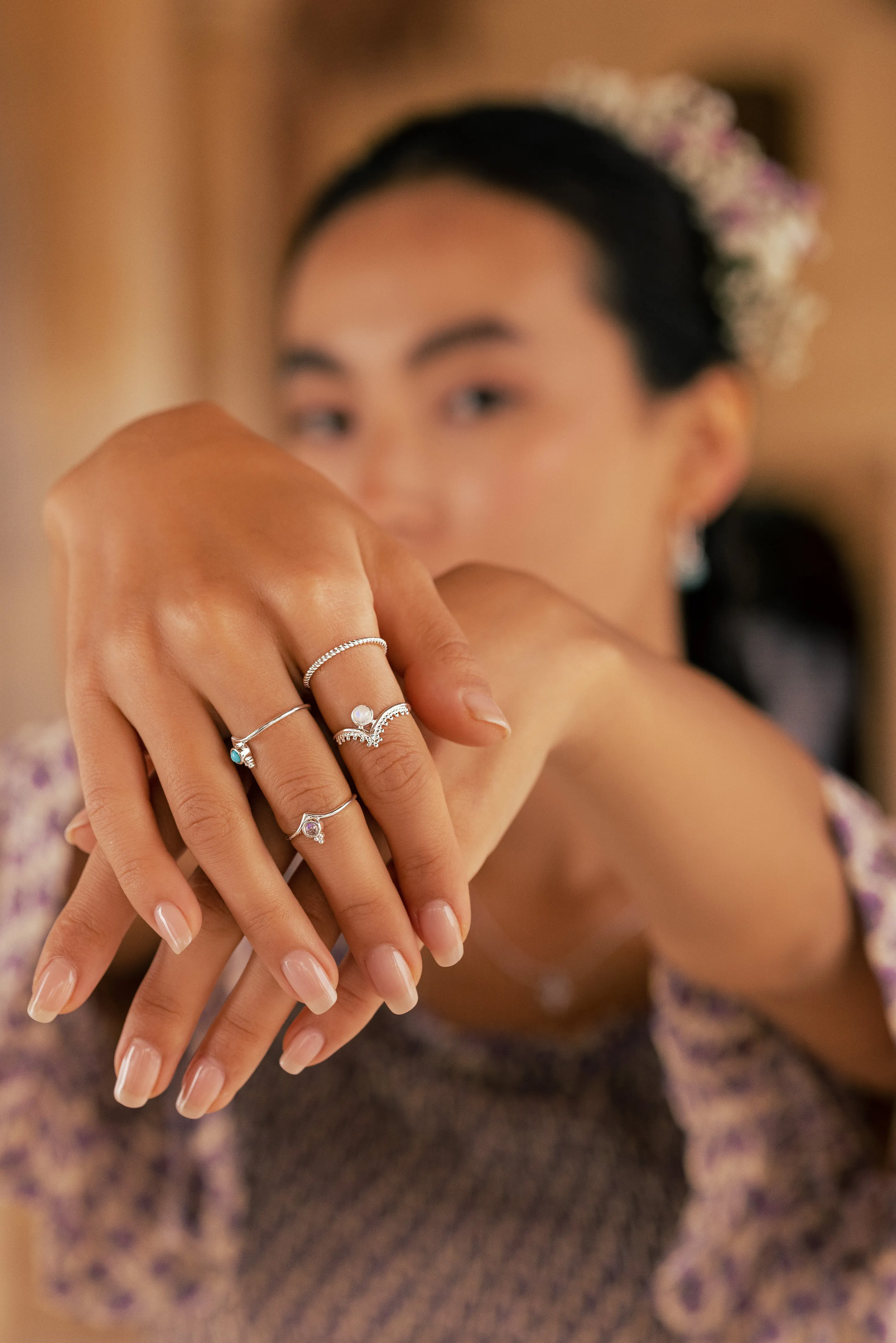 Gaia Wishbone Ring -Sterling Silver Rainbow Moonstone