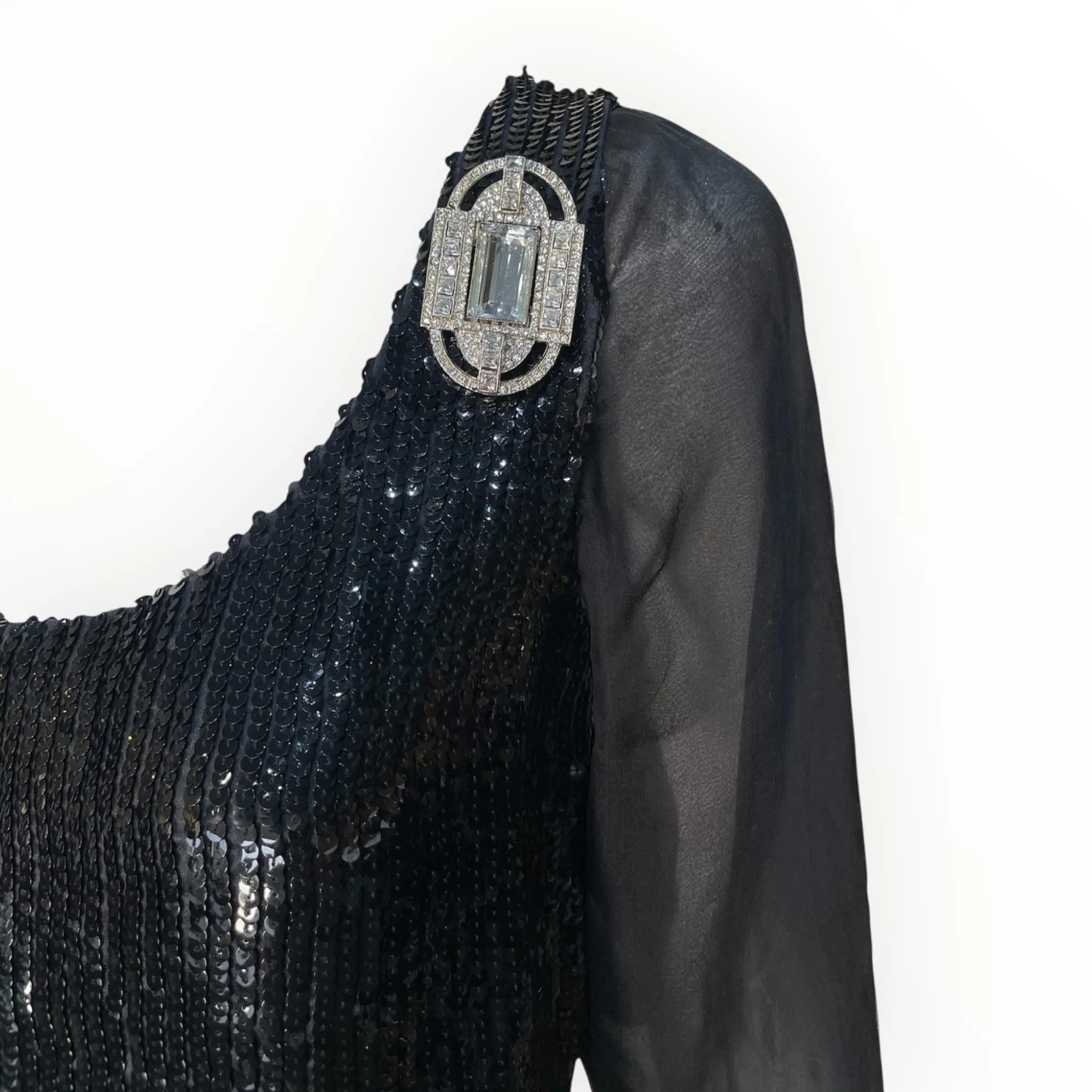 Gianfranco Ferre 1980's Does 1920's Black Sequin Fringe Cocktail Dress with Deco Brooches