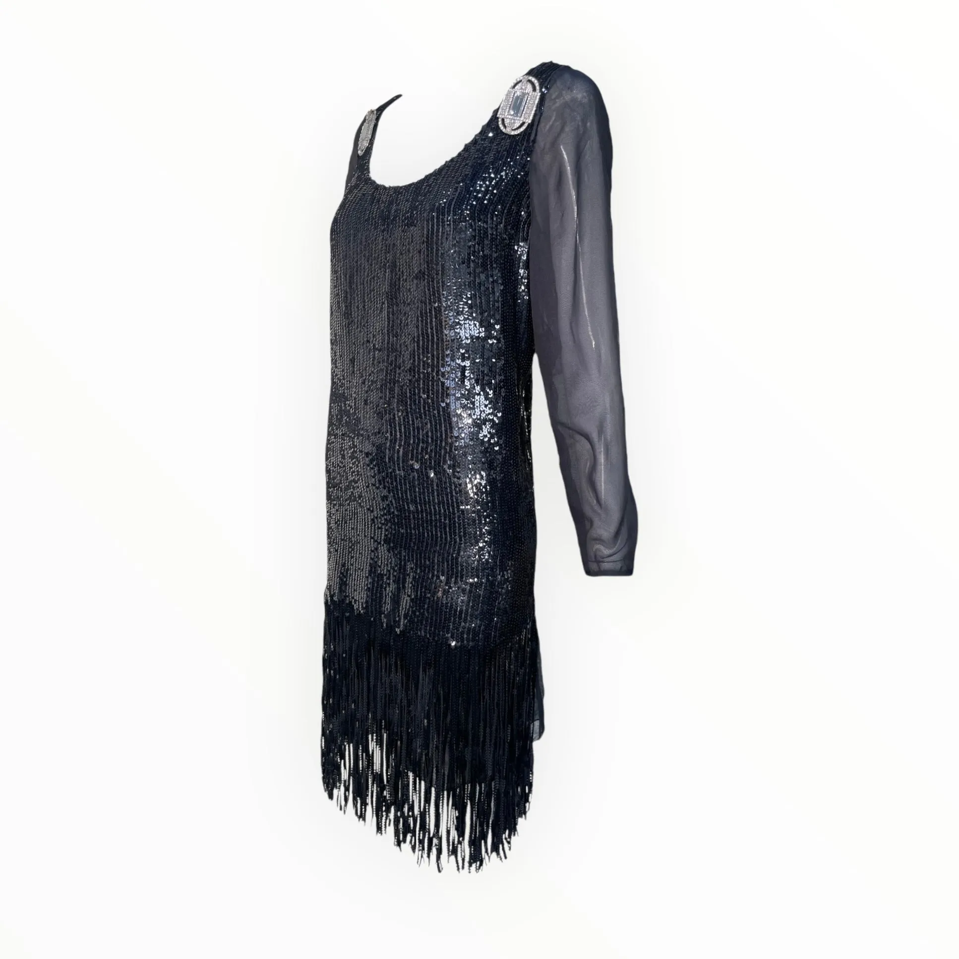 Gianfranco Ferre 1980's Does 1920's Black Sequin Fringe Cocktail Dress with Deco Brooches