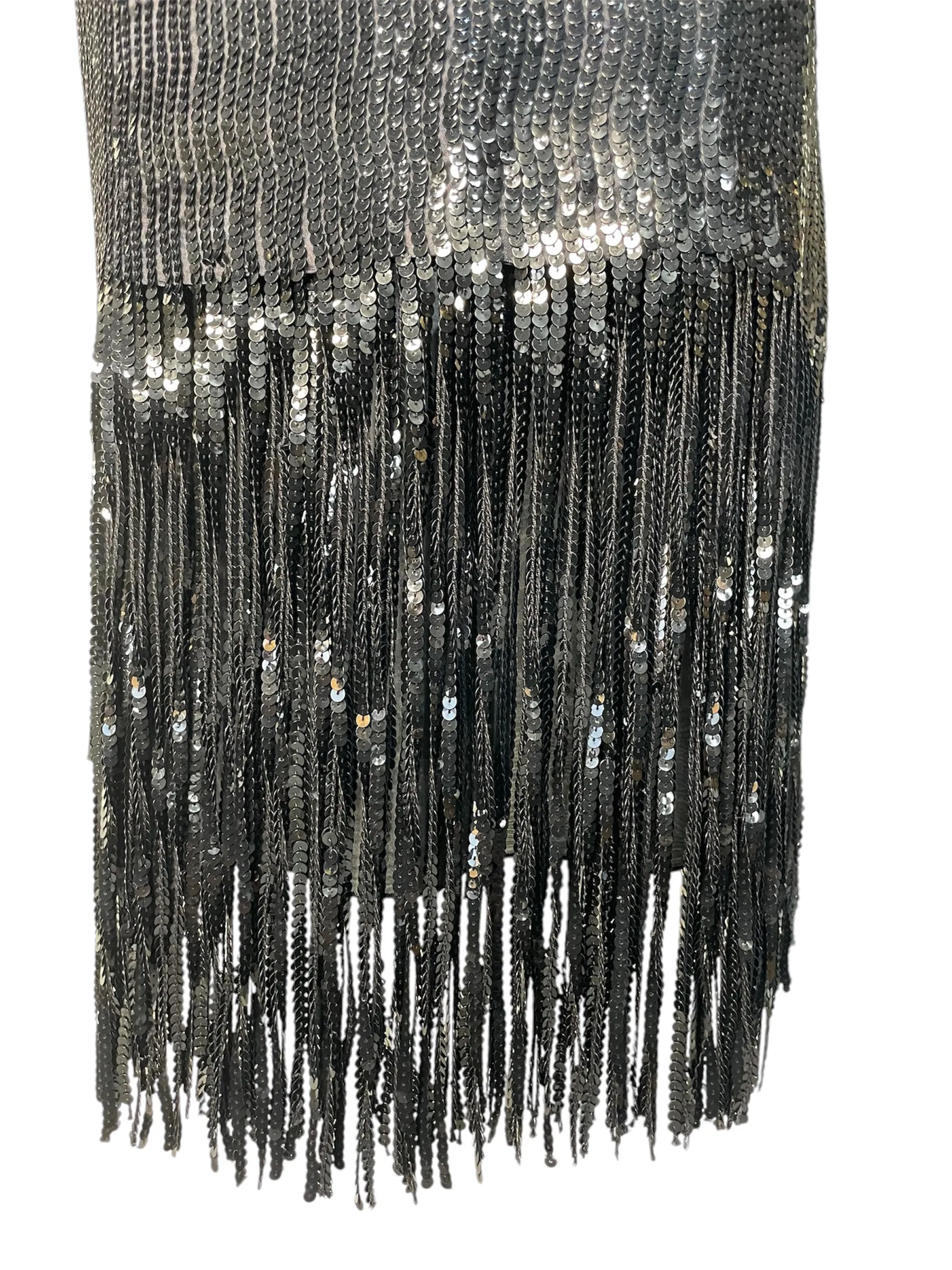 Gianfranco Ferre 1980's Does 1920's Black Sequin Fringe Cocktail Dress with Deco Brooches