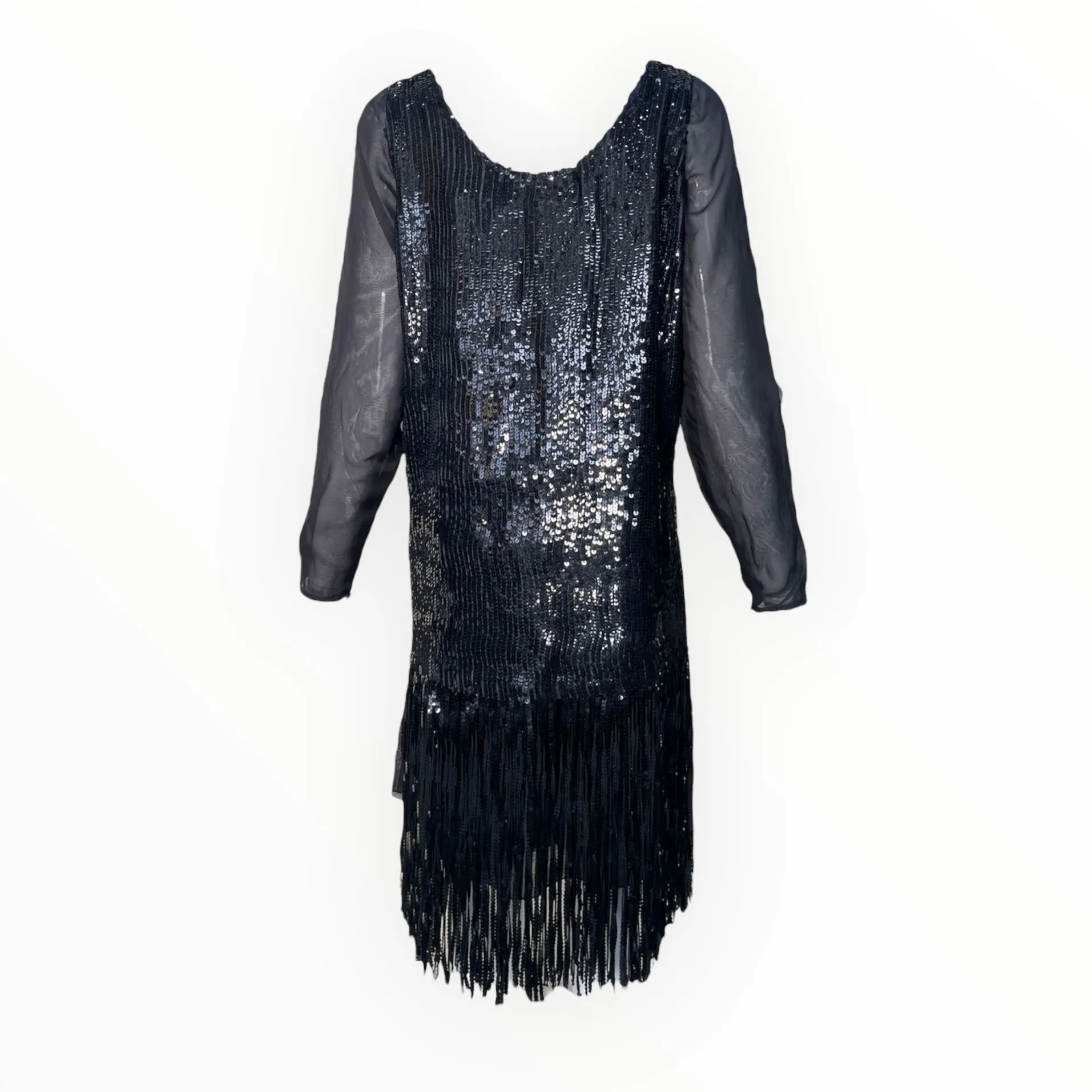 Gianfranco Ferre 1980's Does 1920's Black Sequin Fringe Cocktail Dress with Deco Brooches