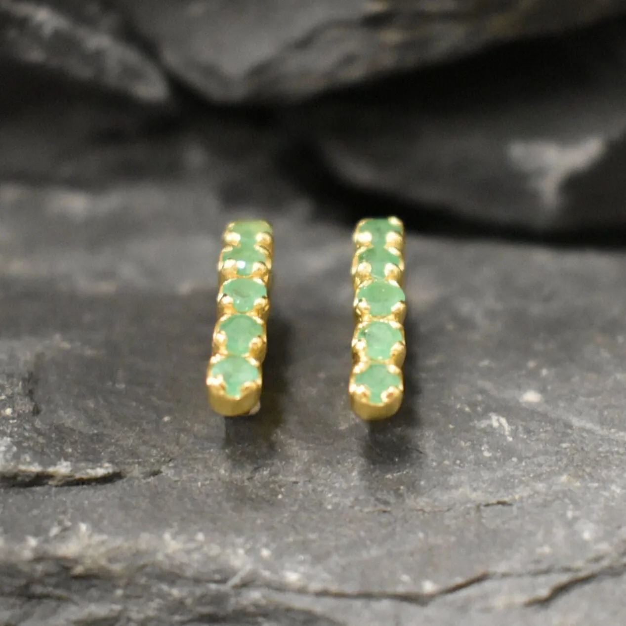 Gold Emerald Earrings - Genuine Emerald Earrings, Vertical  Bar Earrings