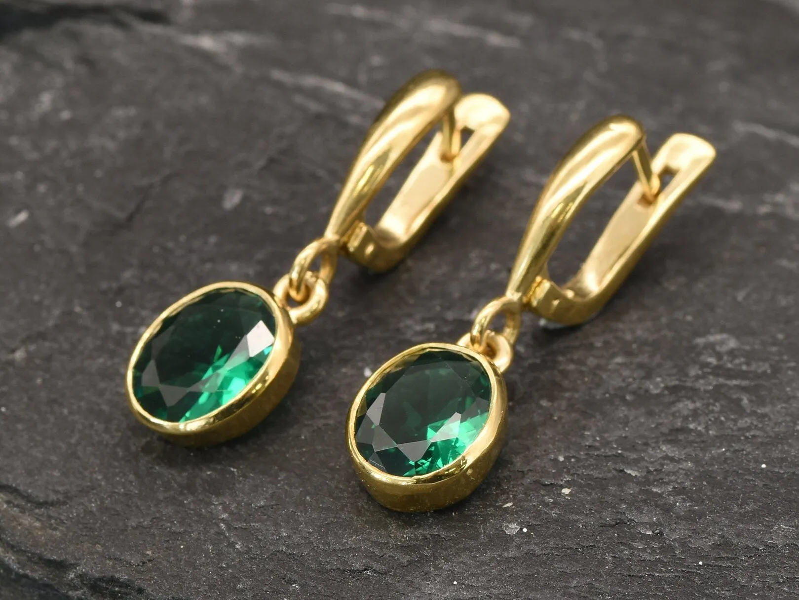 Gold Emerald Earrings - Green Dangling Earrings, Long Emerald Earrings