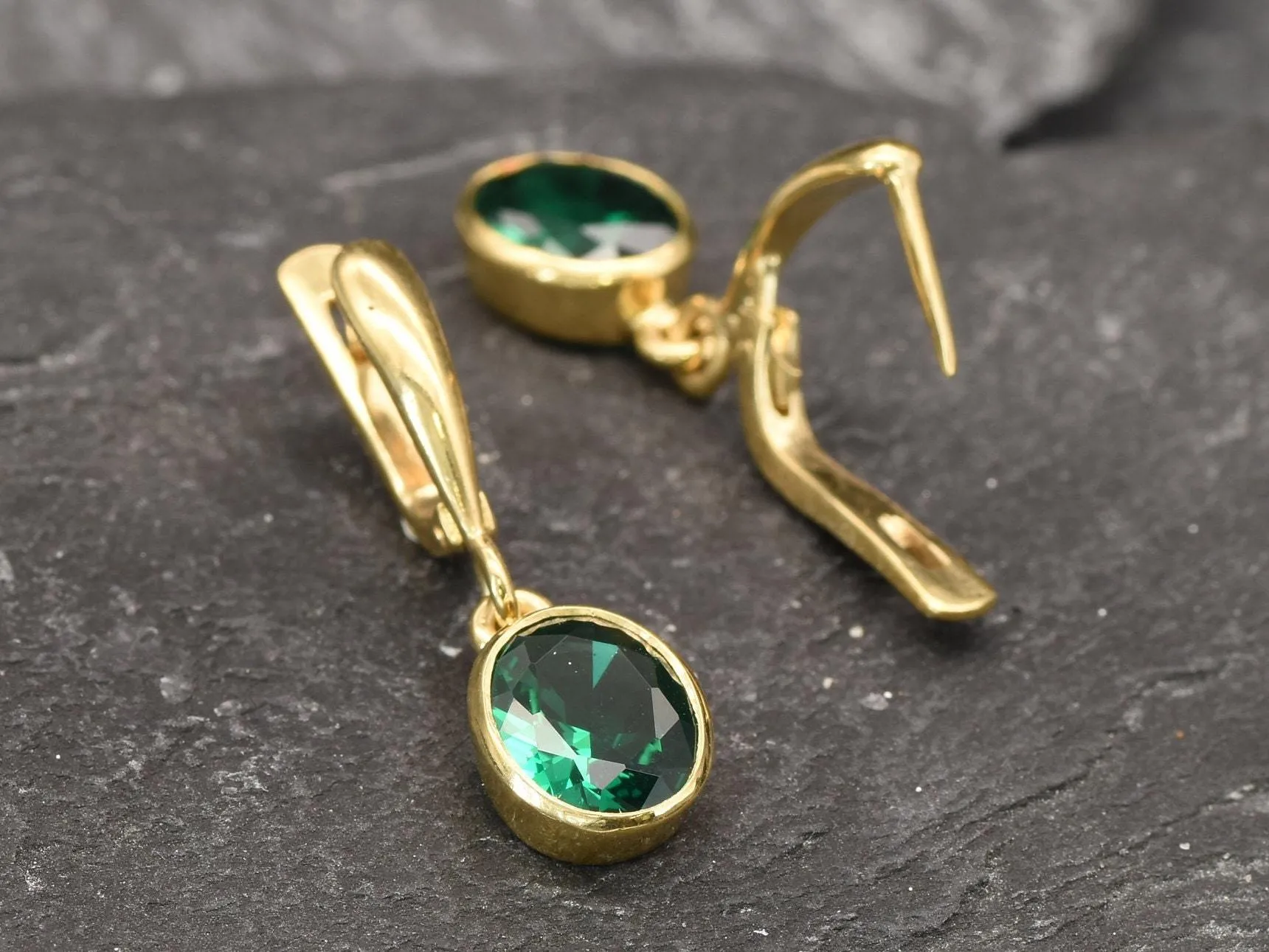 Gold Emerald Earrings - Green Dangling Earrings, Long Emerald Earrings