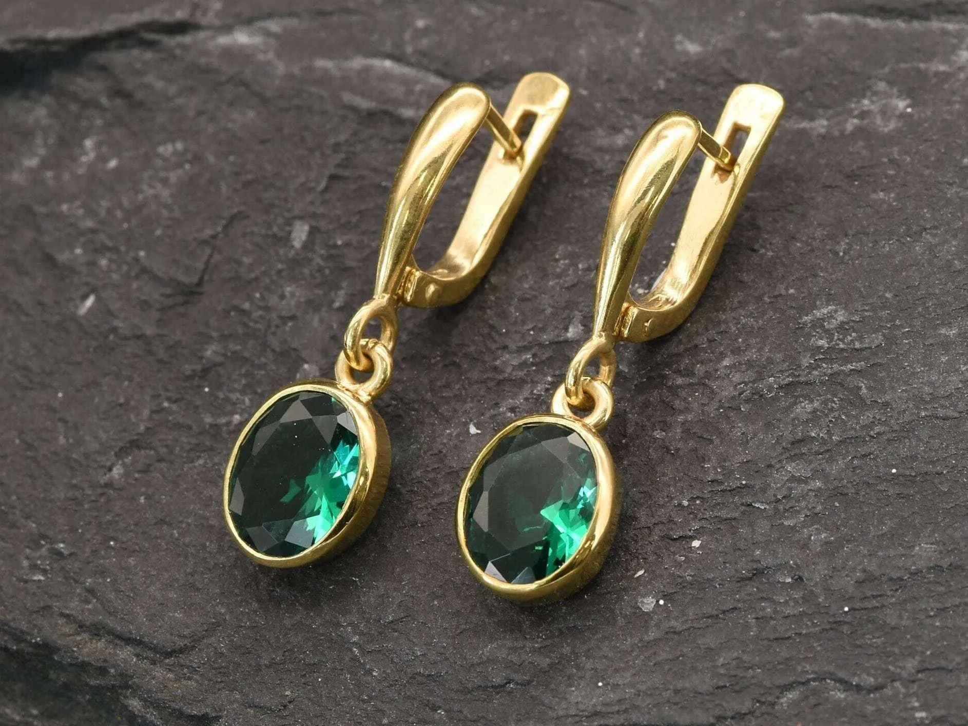 Gold Emerald Earrings - Green Dangling Earrings, Long Emerald Earrings