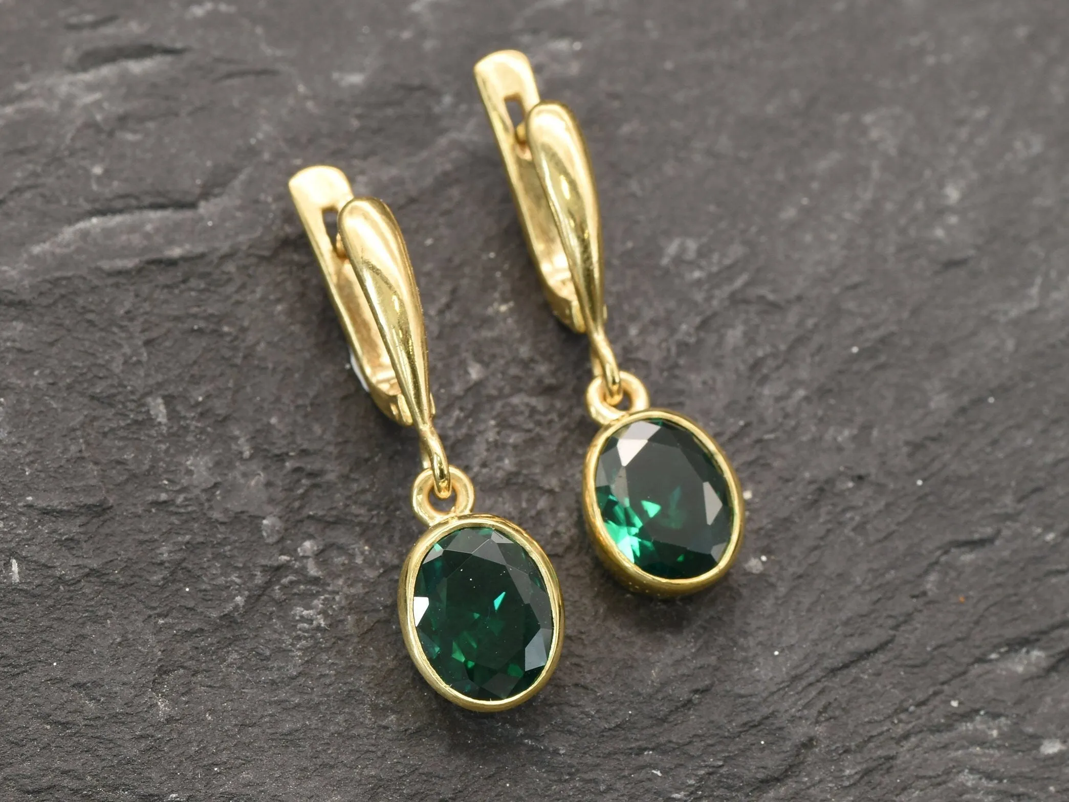 Gold Emerald Earrings - Green Dangling Earrings, Long Emerald Earrings