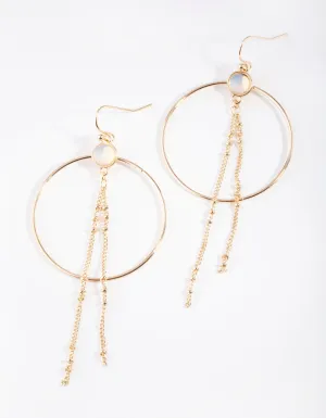 Gold Moonstone Tassel Circle Earrings