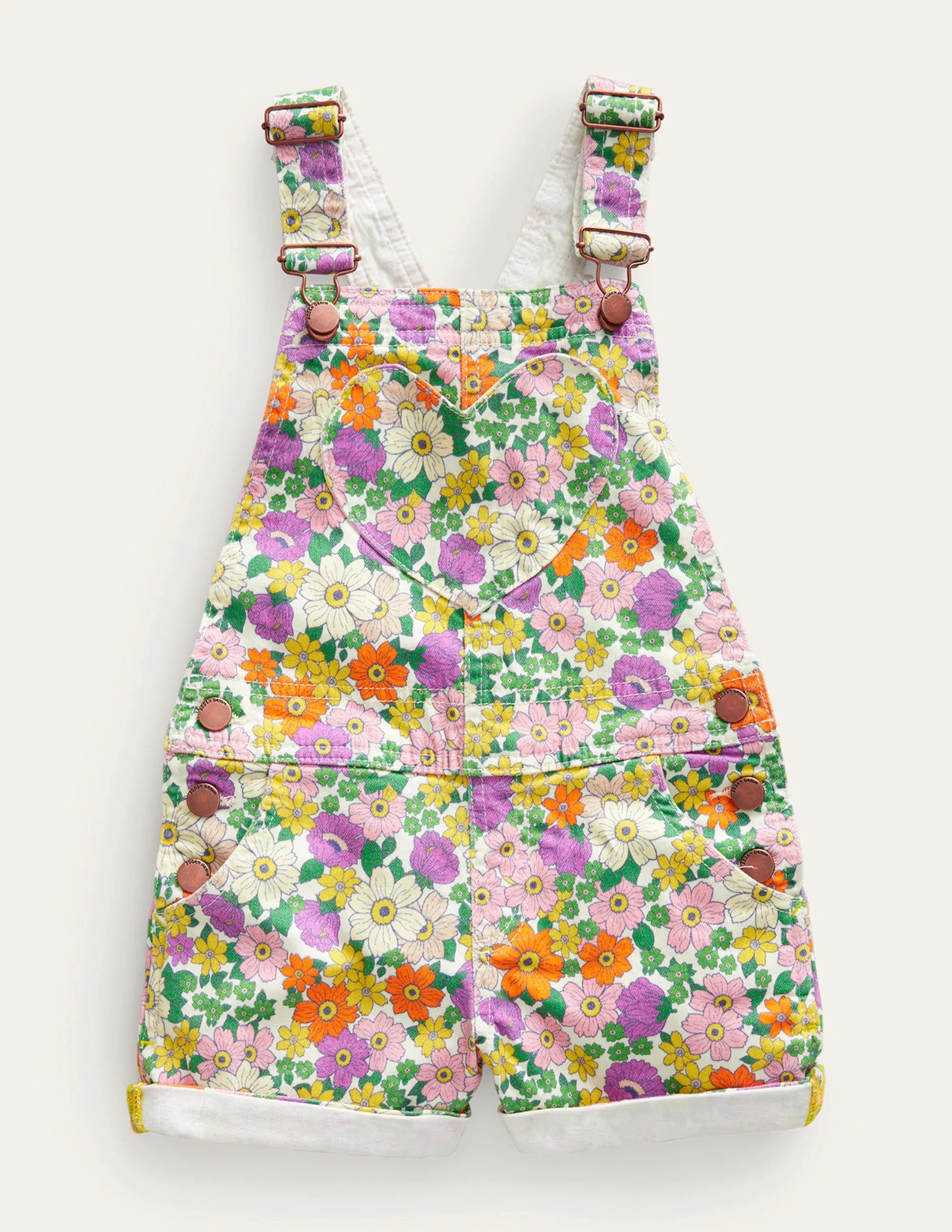 Heart Pocket Short Dungarees-Ivory & Purple Caravan Floral