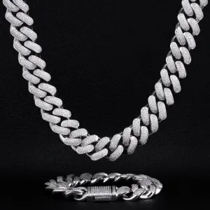 KRKC 18mm Iced Out Mens Cuban Chain and Bracelet Set in White Gold